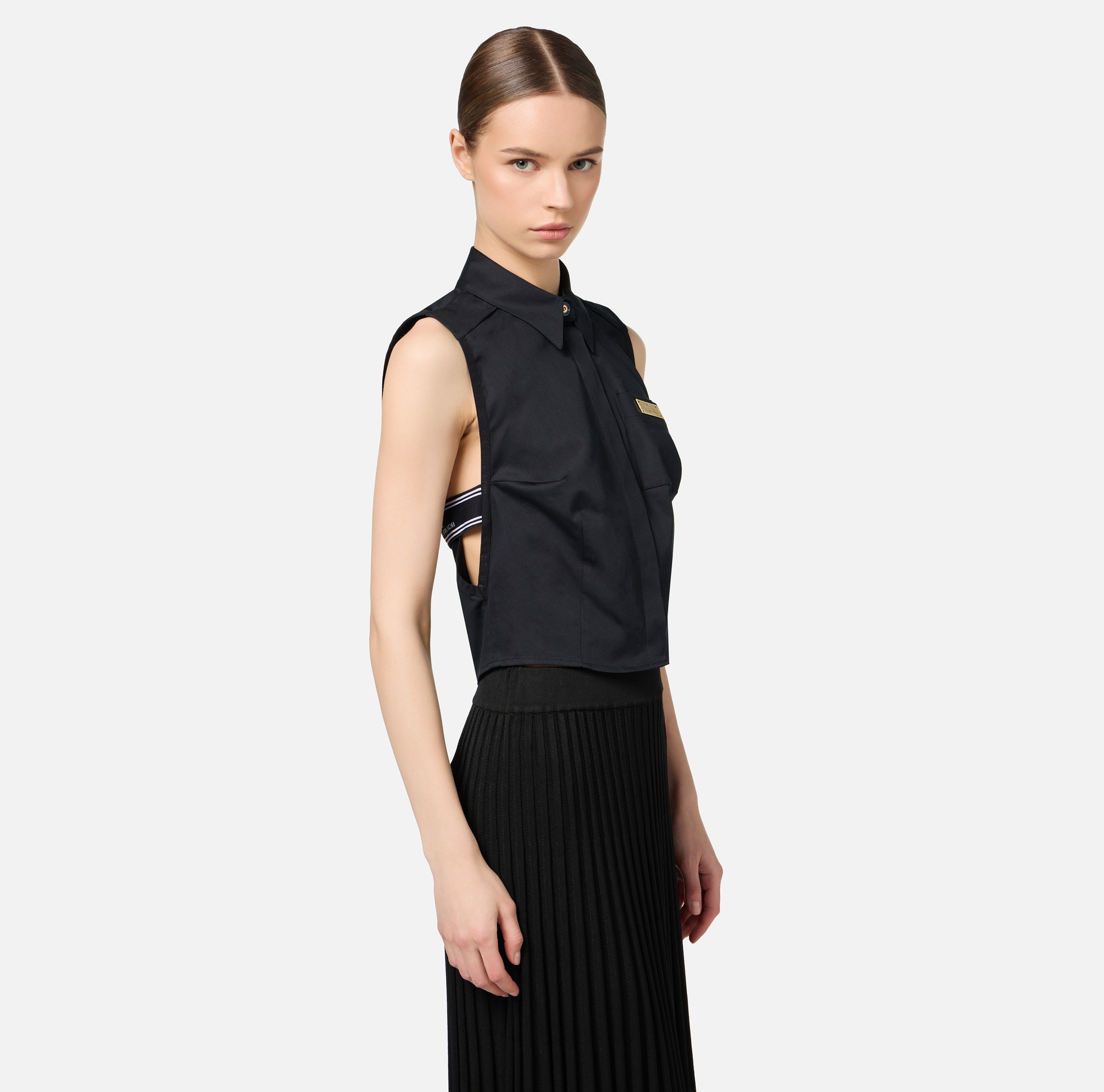 Sleeveless poplin shirt with logoed elastic features | Elisabetta Franchi® Outlet