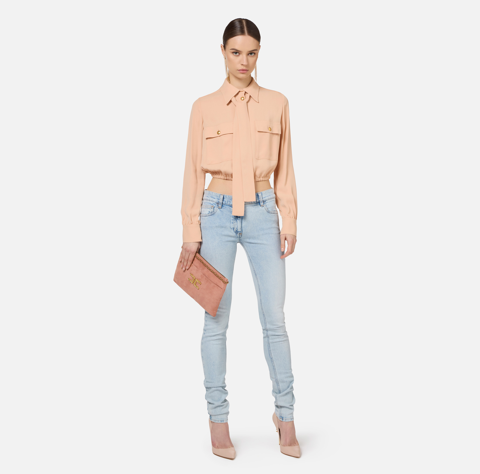 Cropped-Hemdbluse aus Georgette mit Tuch | Elisabetta Franchi® Outlet