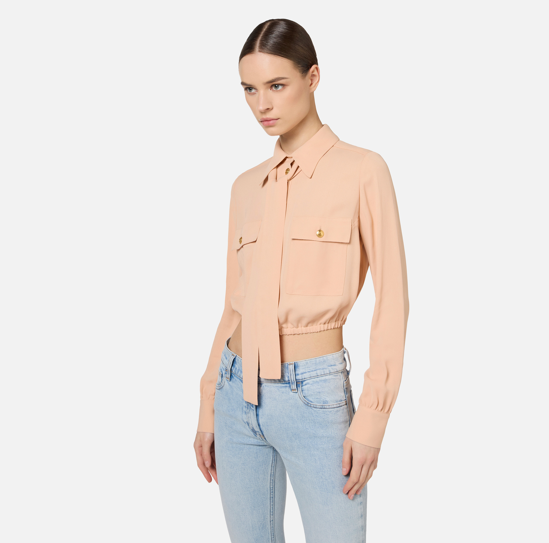 Cropped blouse in georgette fabric with foulard scarf neck | Elisabetta Franchi® Outlet