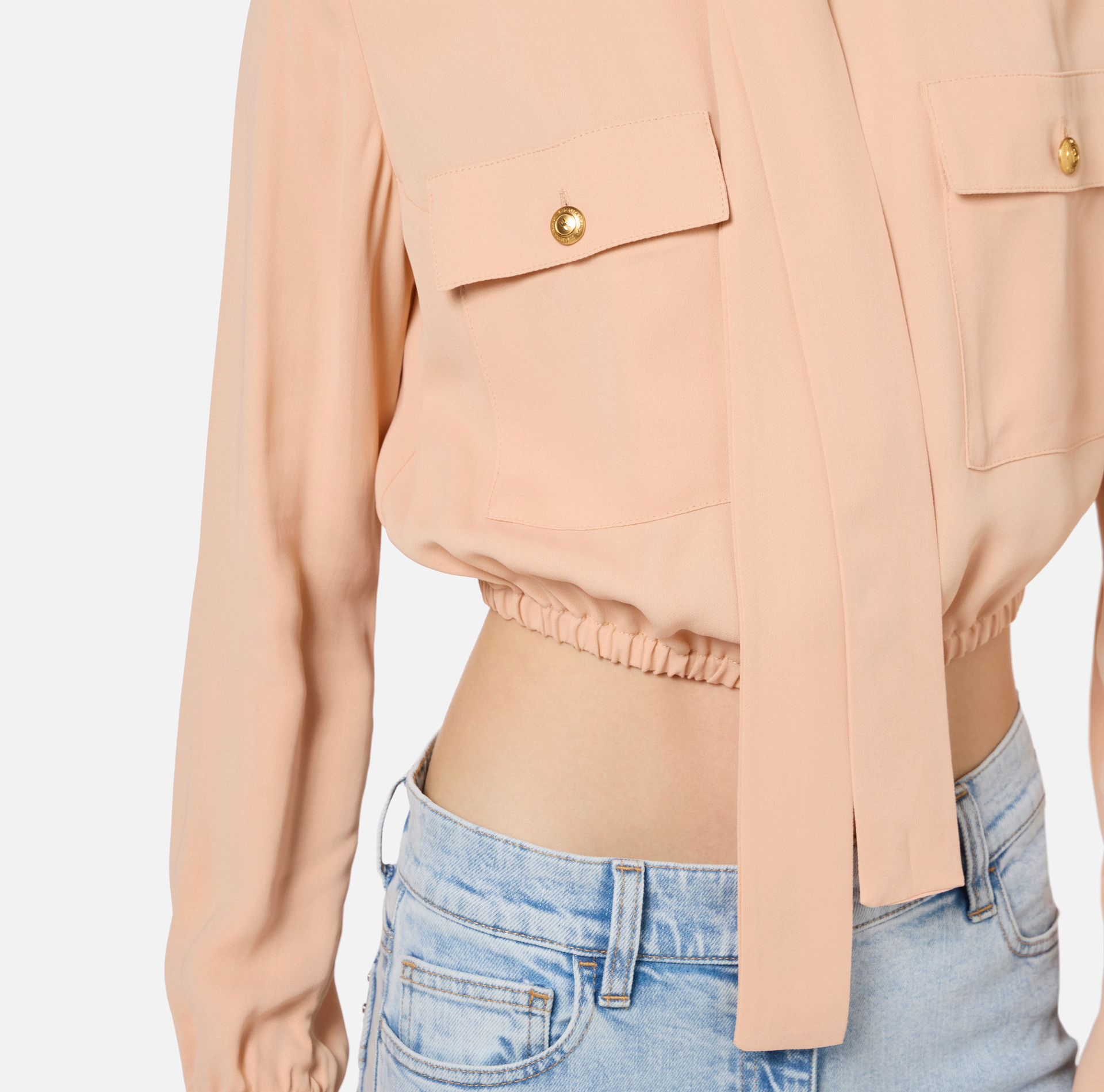 Cropped blouse in georgette fabric with foulard scarf neck | Elisabetta Franchi® Outlet