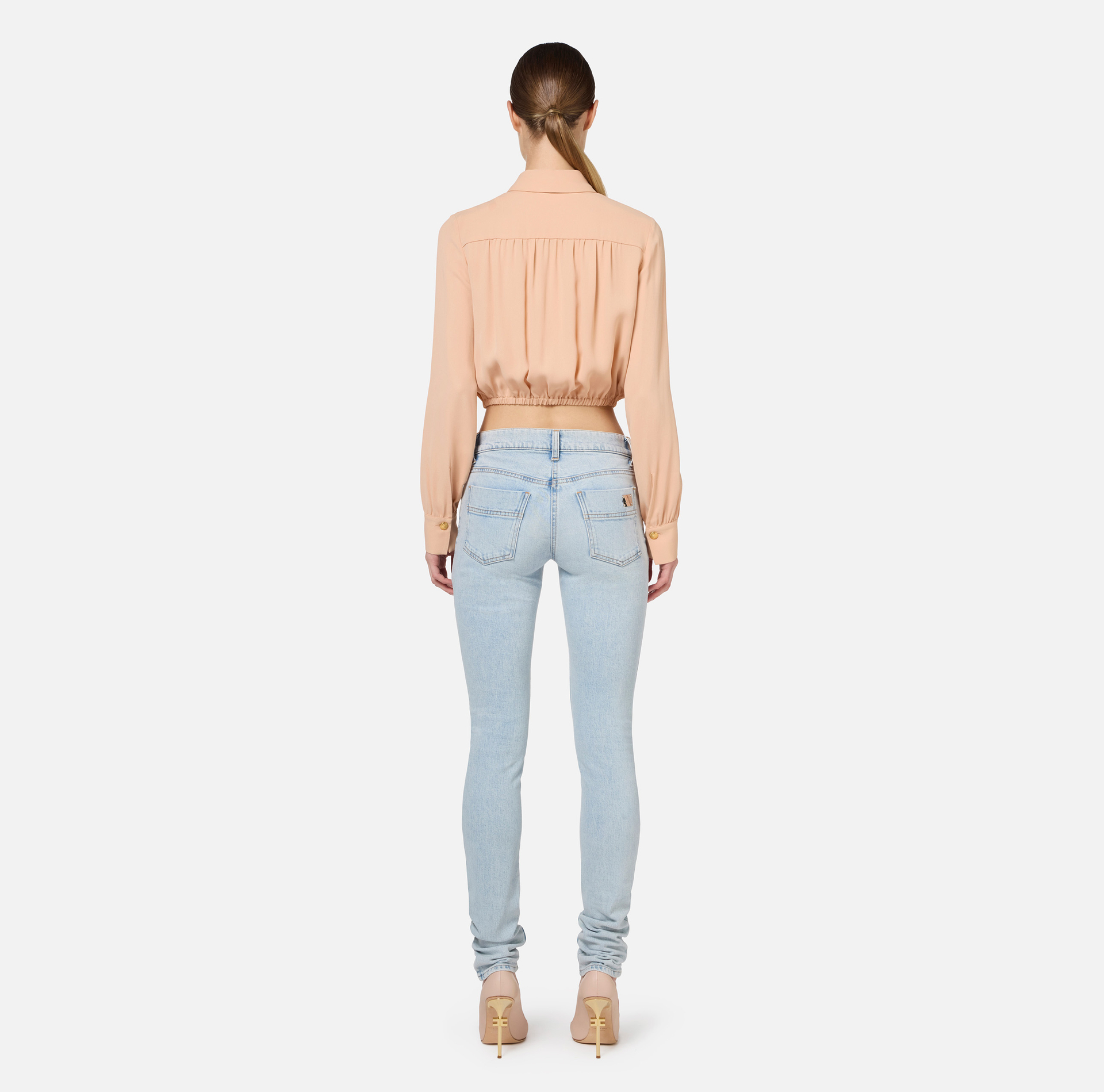 Cropped blouse in georgette fabric with foulard scarf neck | Elisabetta Franchi® Outlet