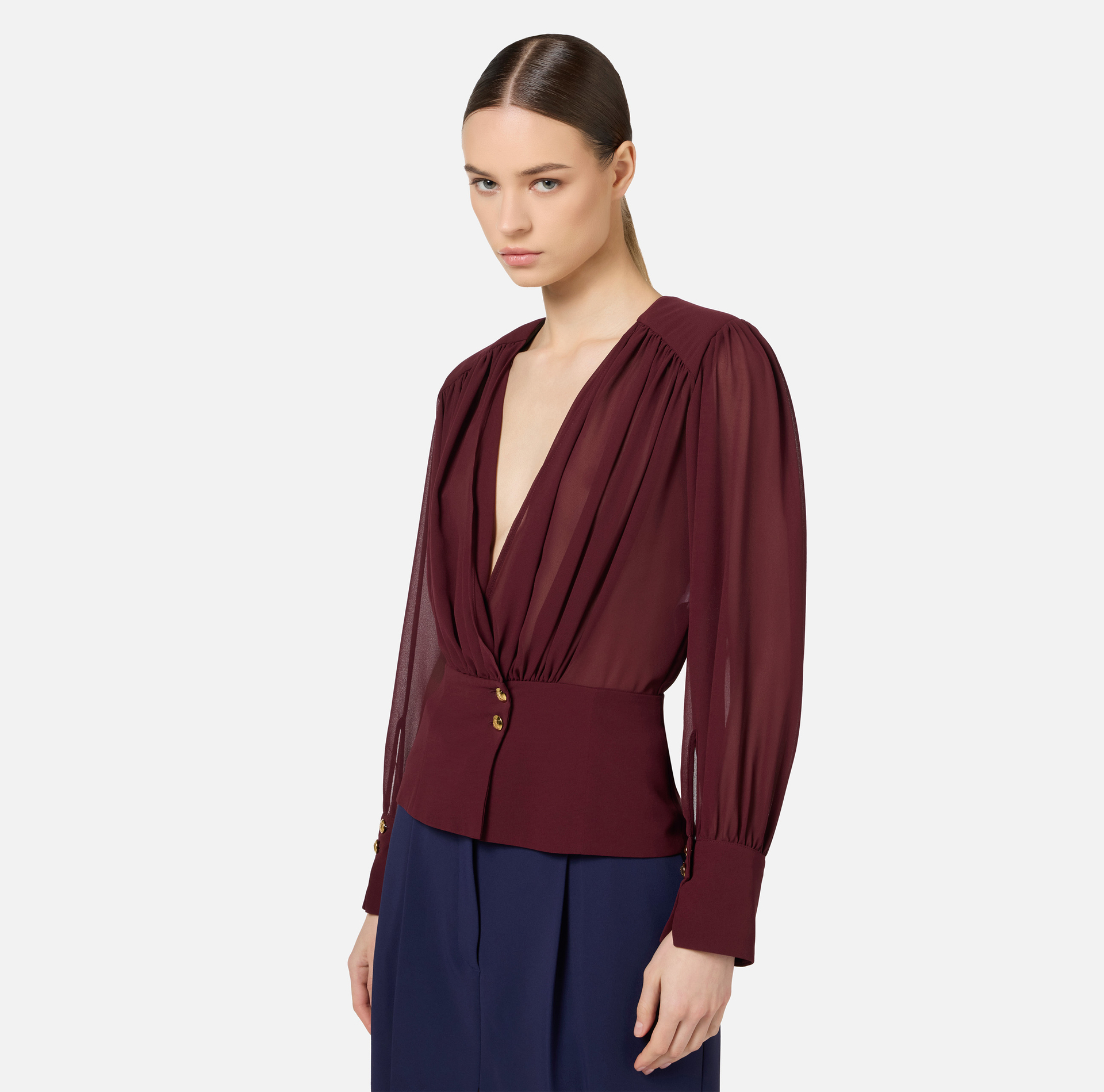 Blouse in georgette fabric with peplum | Elisabetta Franchi® Outlet