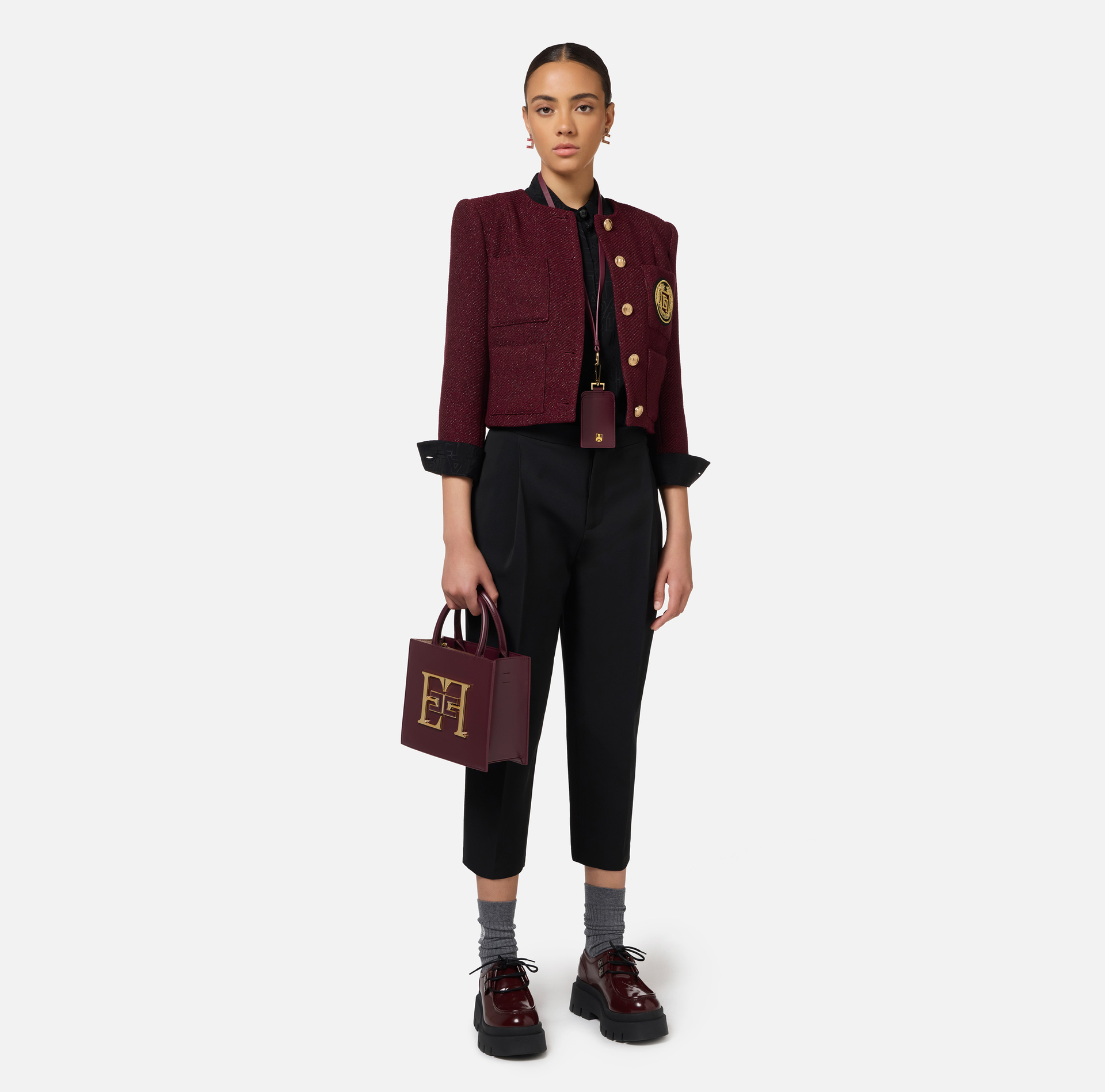 Blouse in jacquard georgette fabric with lettering | Elisabetta Franchi® Outlet