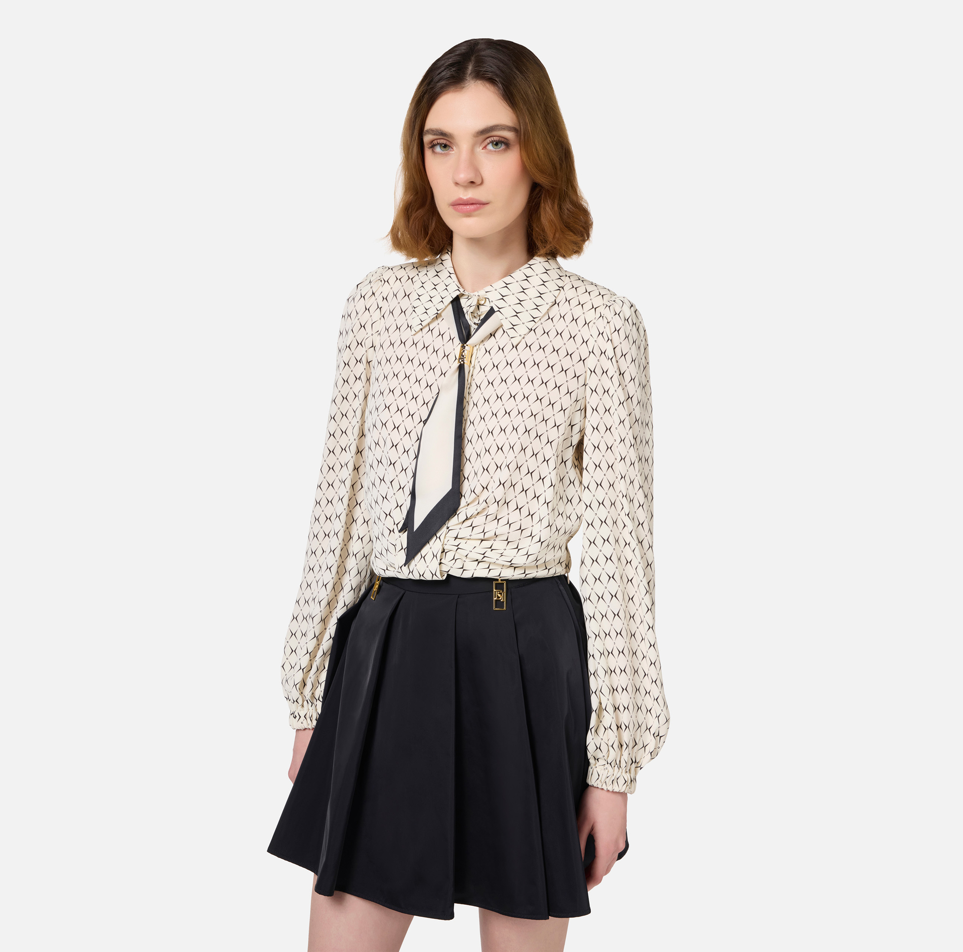 Diamond print georgette cropped blouse with foulard scarf | Elisabetta Franchi® Outlet