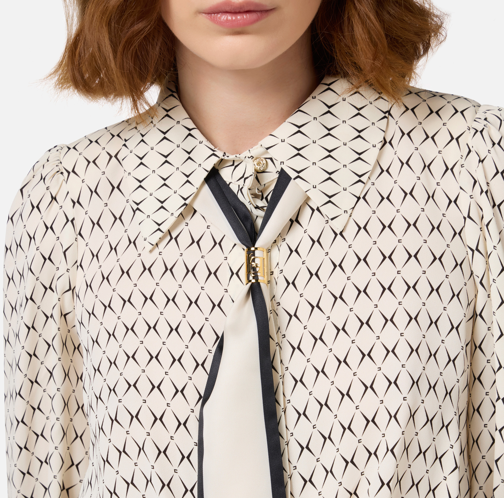Diamond print georgette cropped blouse with foulard scarf | Elisabetta Franchi® Outlet