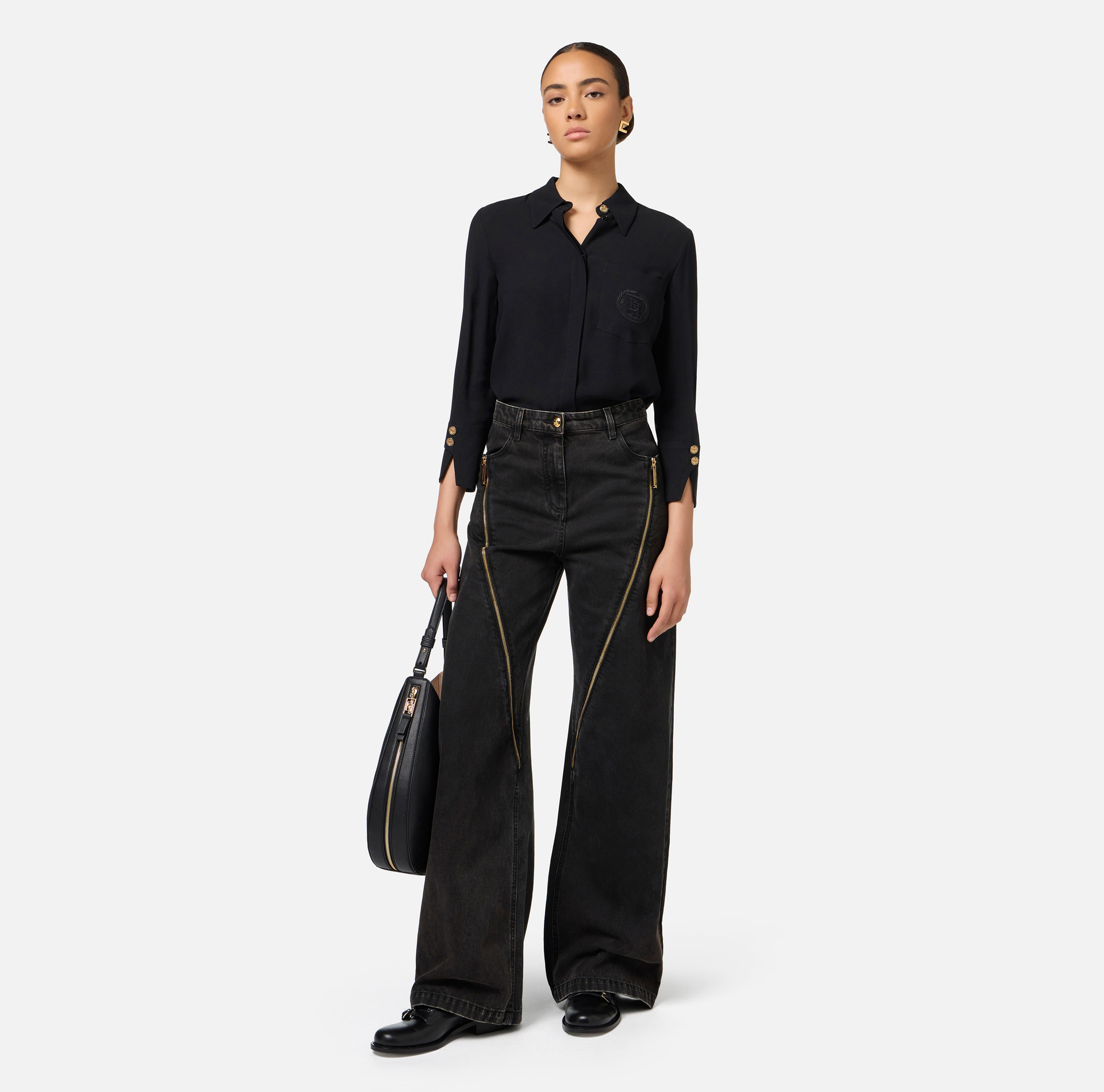 Blouse in georgette fabric with logo patch | Elisabetta Franchi® Outlet