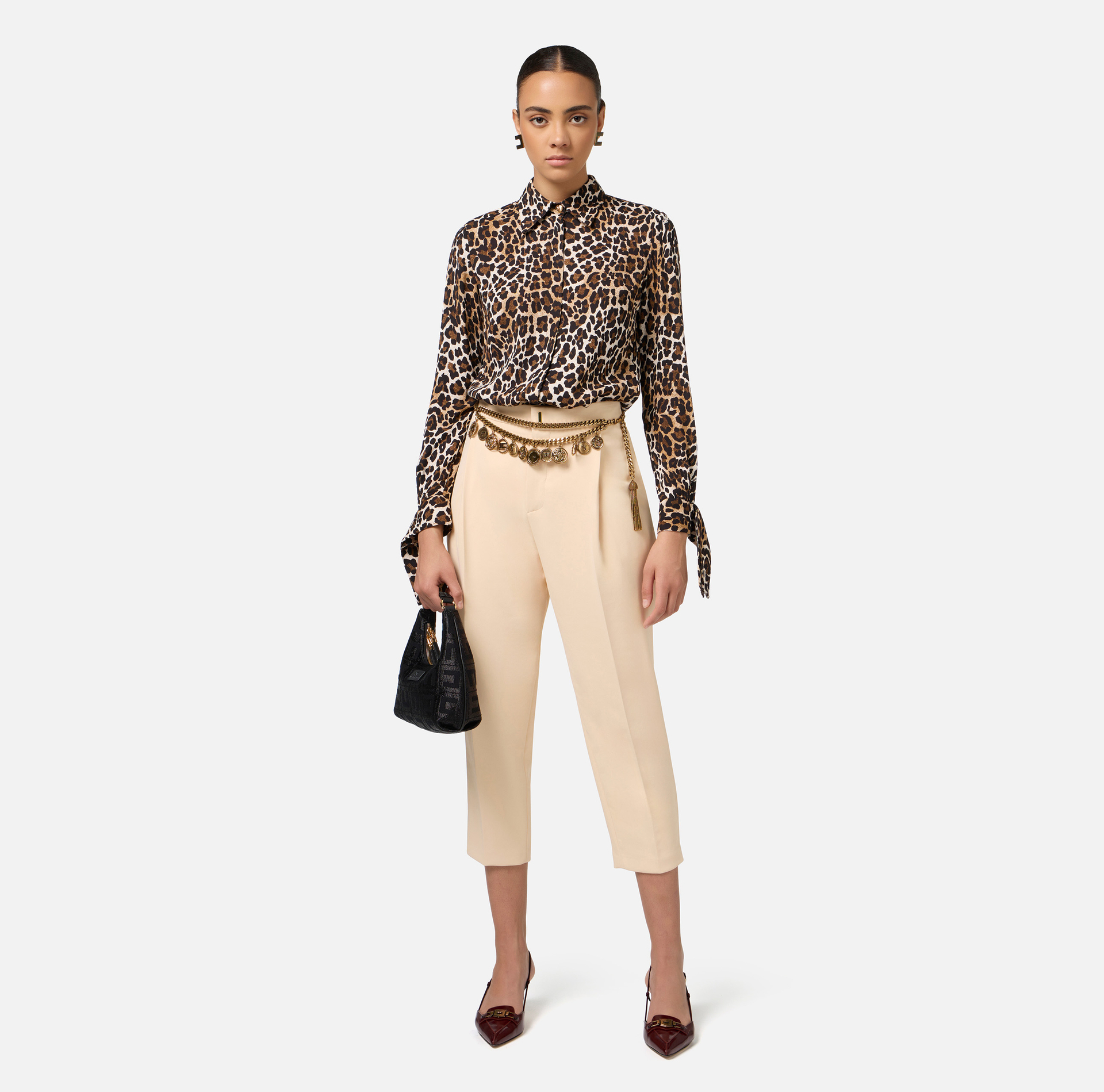 Hemdbluse aus Georgette mit Animal-Muster und von den Manschetten abgehendem Band | Elisabetta Franchi® Outlet