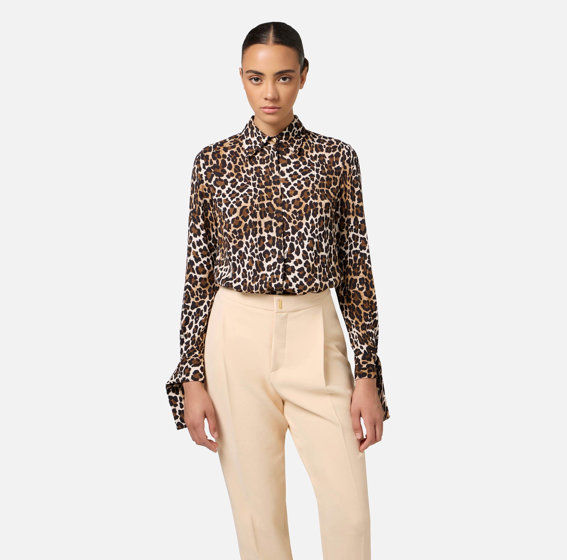 Blouse in animalier georgette fabric with ribbon cuffs | Elisabetta Franchi® Outlet