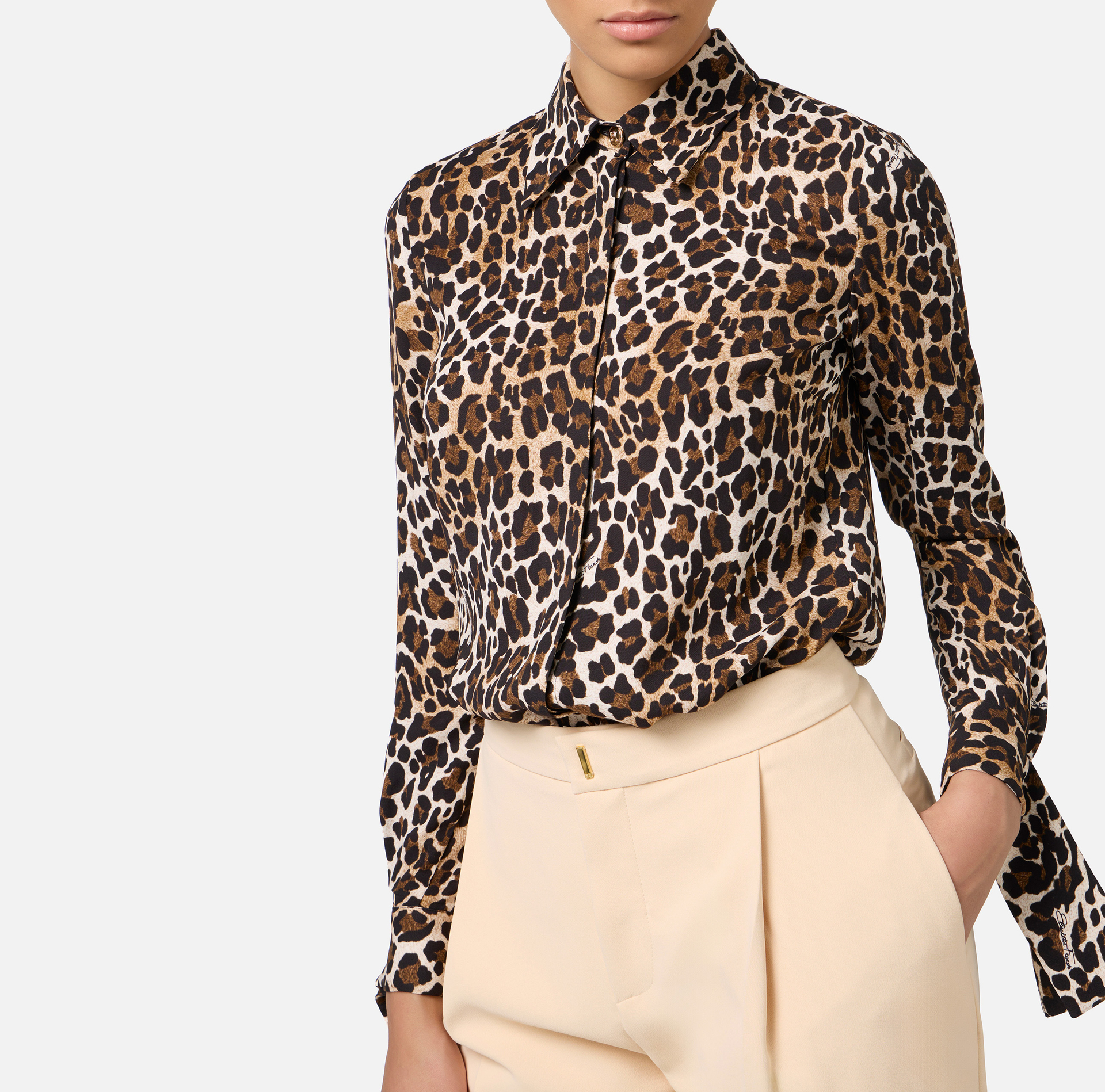 Blouse in animalier georgette fabric with ribbon cuffs | Elisabetta Franchi® Outlet