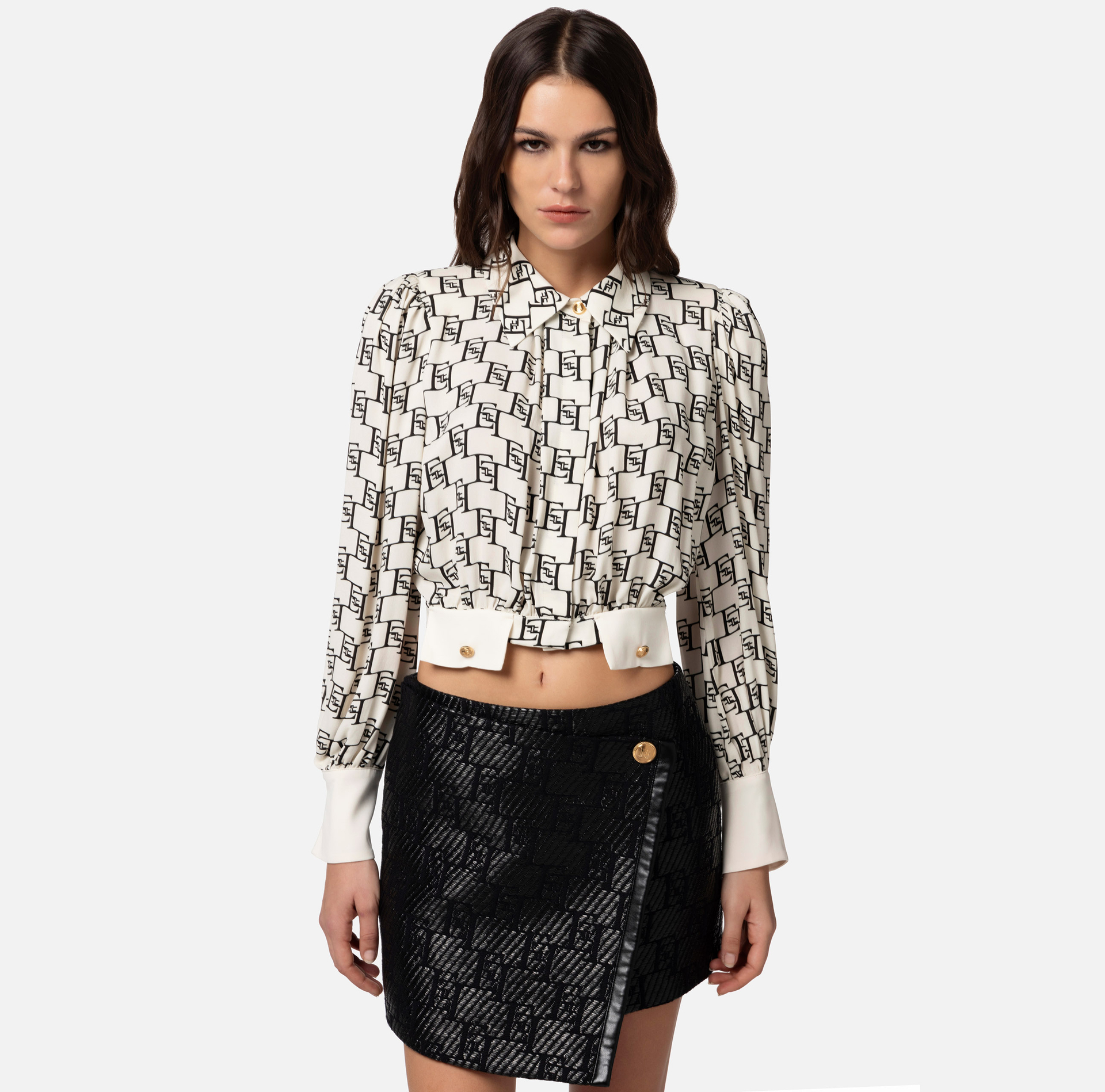 Cropped blouse in viscose georgette fabric with logo print - Elisabetta Franchi® Outlet