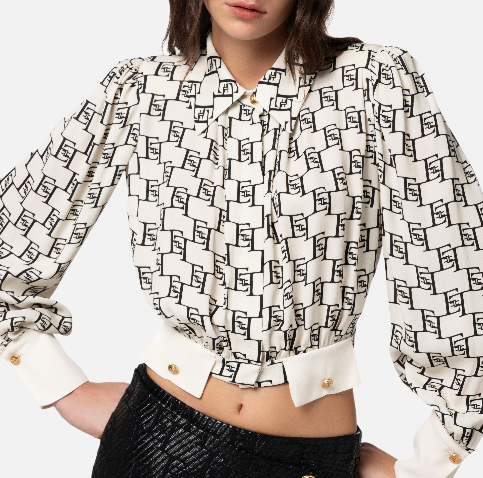 Cropped blouse in viscose georgette fabric with logo print - Elisabetta Franchi® Outlet
