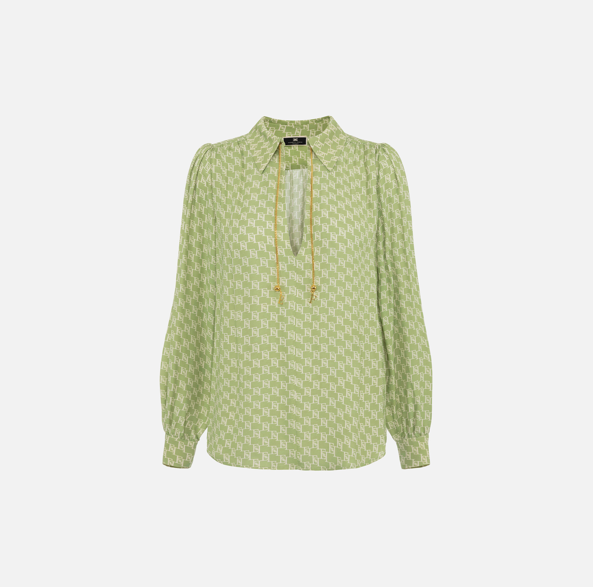 Blouse in viscose georgette fabric with logo print and accessory at the neck - Elisabetta Franchi® Outlet