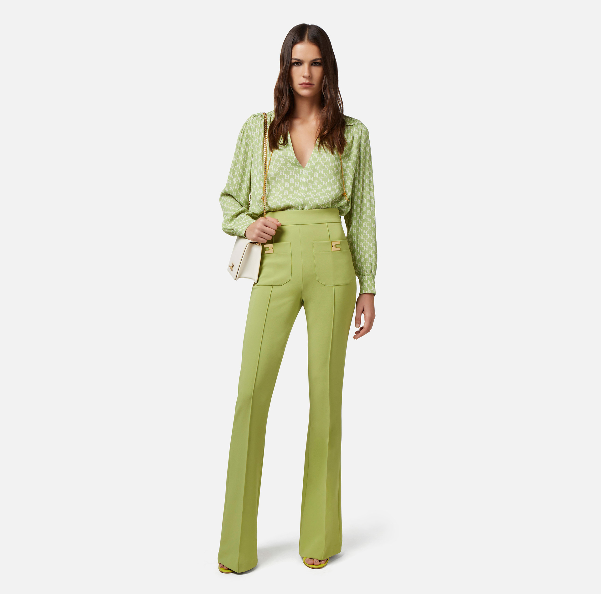 Blouse in viscose georgette fabric with logo print and accessory at the neck - Elisabetta Franchi® Outlet