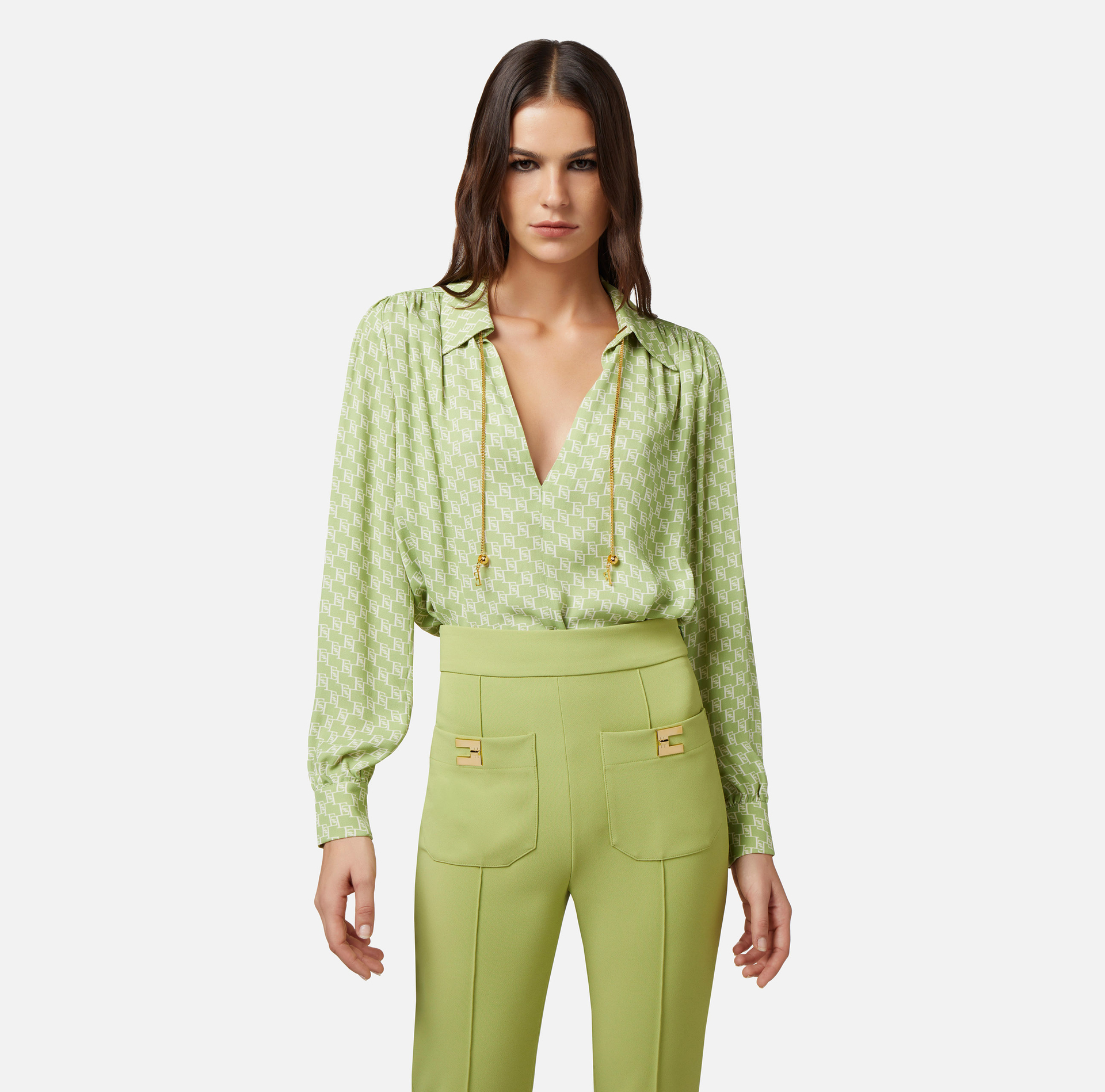 Blouse in viscose georgette fabric with logo print and accessory at the neck - Elisabetta Franchi® Outlet