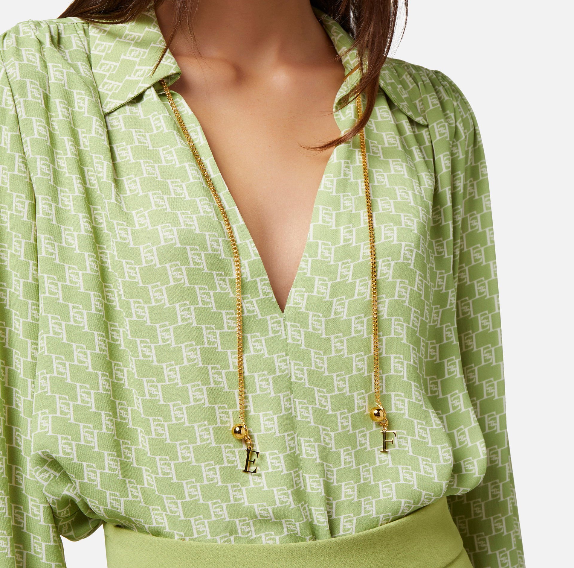 Blouse in viscose georgette fabric with logo print and accessory at the neck - Elisabetta Franchi® Outlet