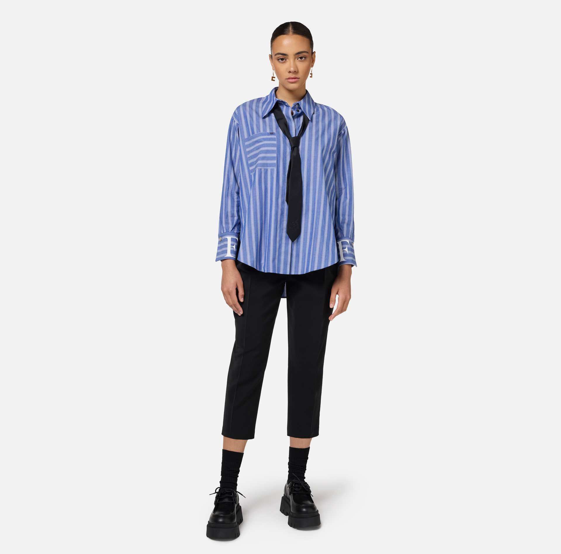 Striped poplin shirt with logo on cuffs | Elisabetta Franchi® Outlet
