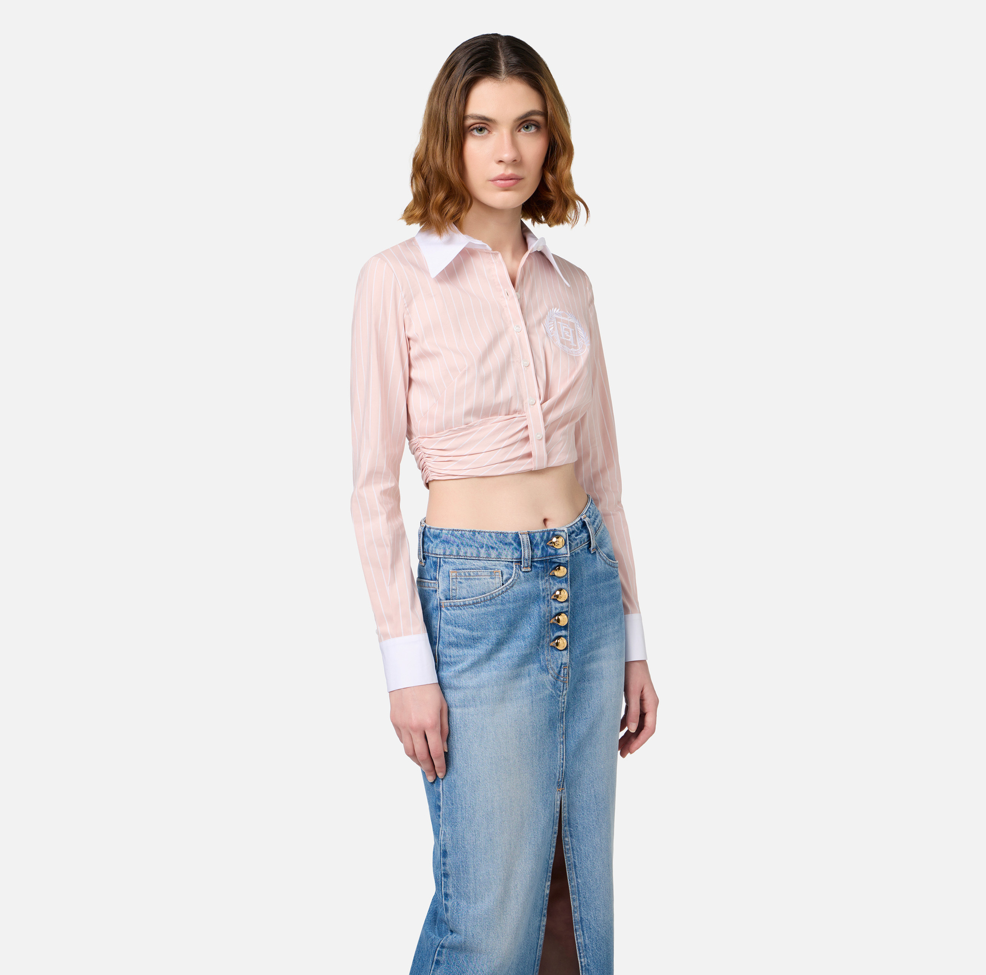 Cropped-Hemdbluse aus Popeline mit Streifenmuster und Raffung | Elisabetta Franchi® Outlet