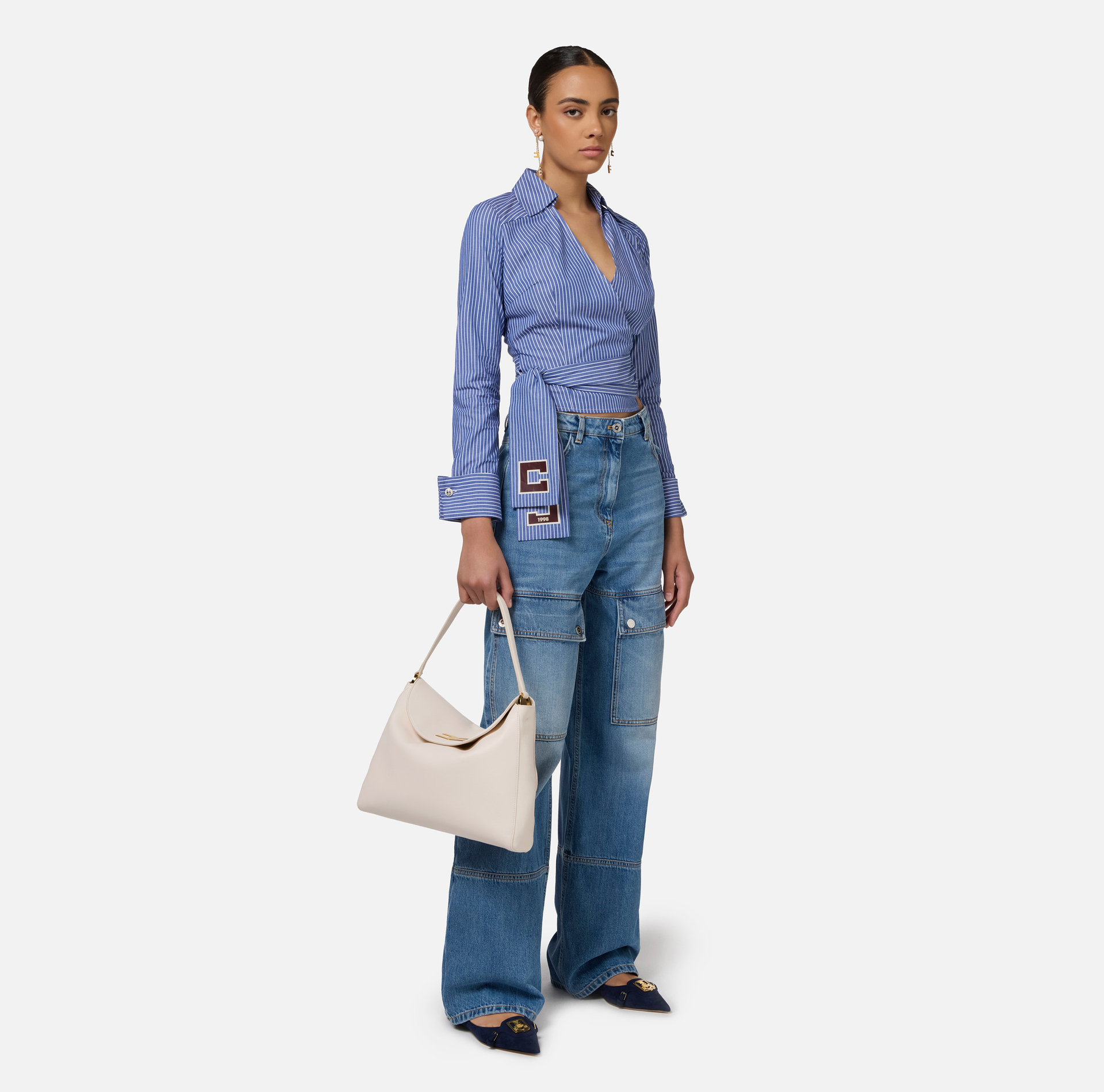 Striped poplin shirt with embroidered sash belt | Elisabetta Franchi® Outlet