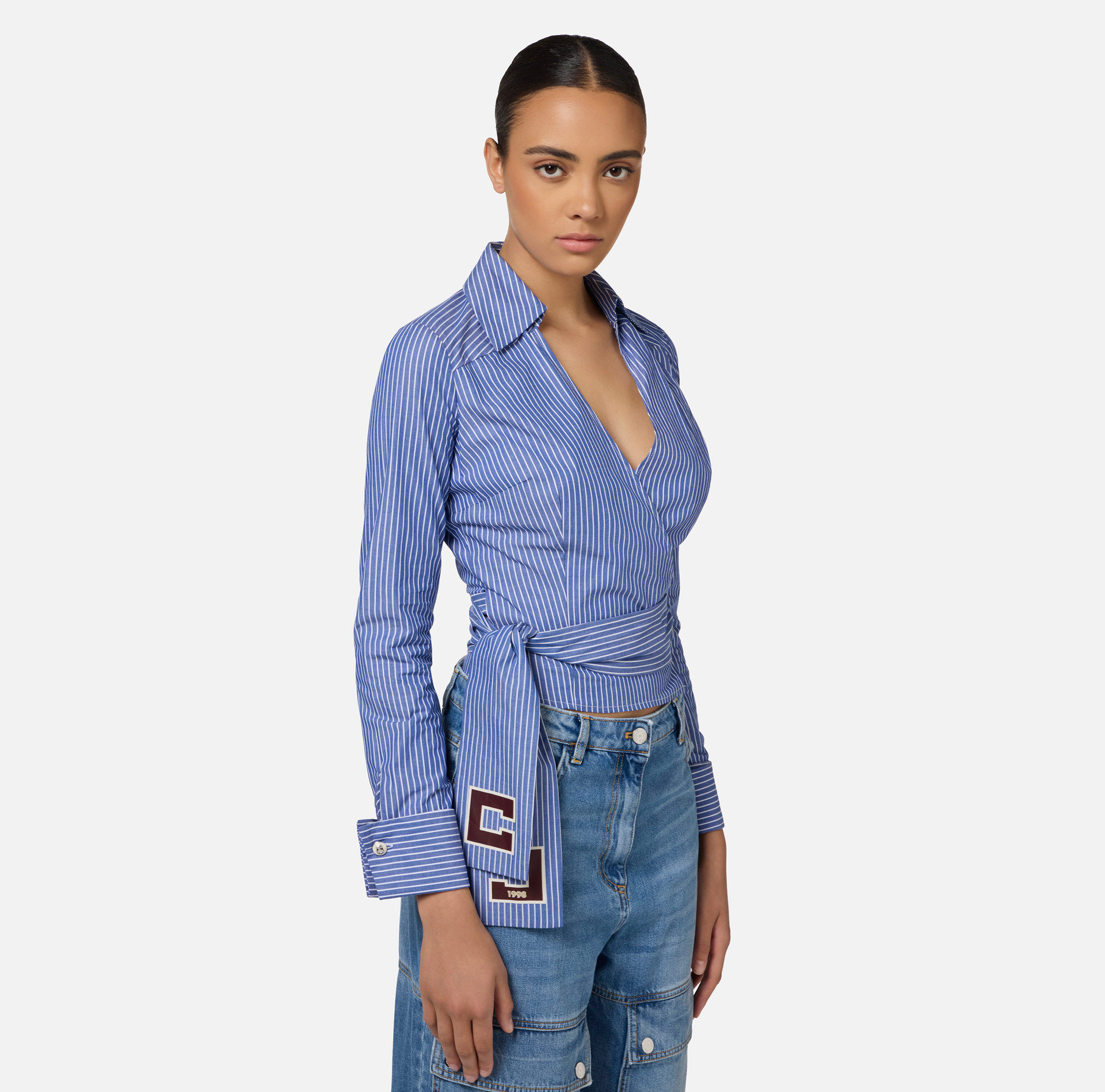 Striped poplin shirt with embroidered sash belt | Elisabetta Franchi® Outlet