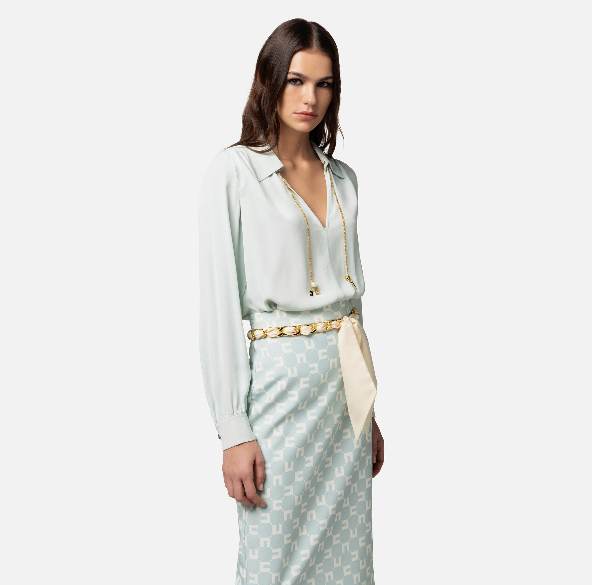 Blouse in viscose georgette fabric with accessory at the neck - Elisabetta Franchi® Outlet