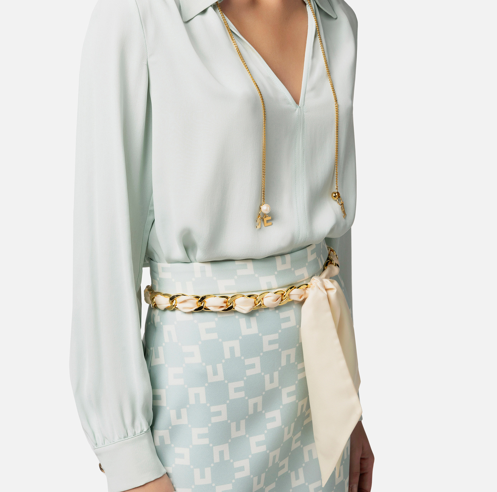 Blouse in viscose georgette fabric with accessory at the neck - Elisabetta Franchi® Outlet