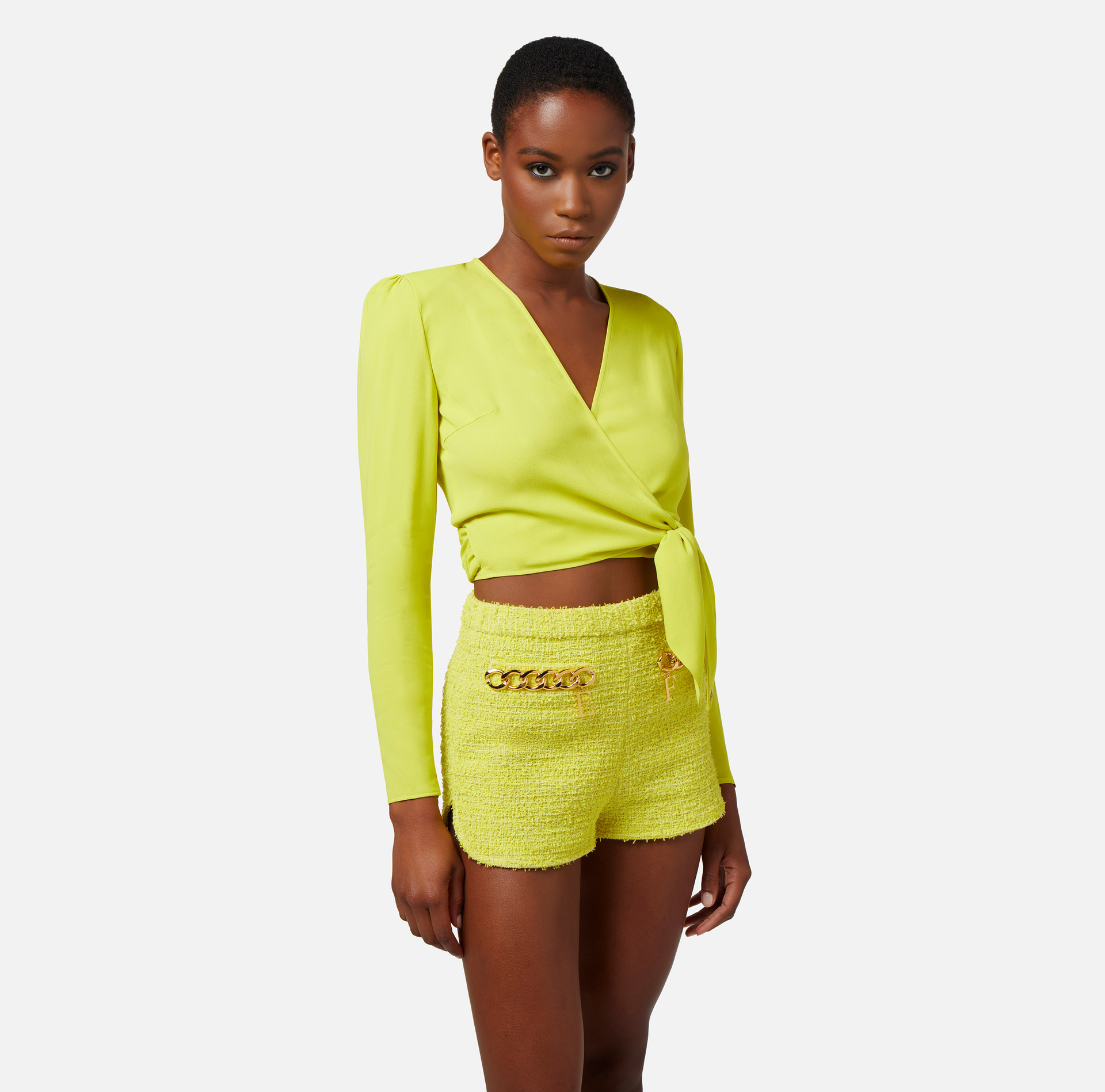 Cropped blouse in viscose georgette fabric with knot - Elisabetta Franchi® Outlet