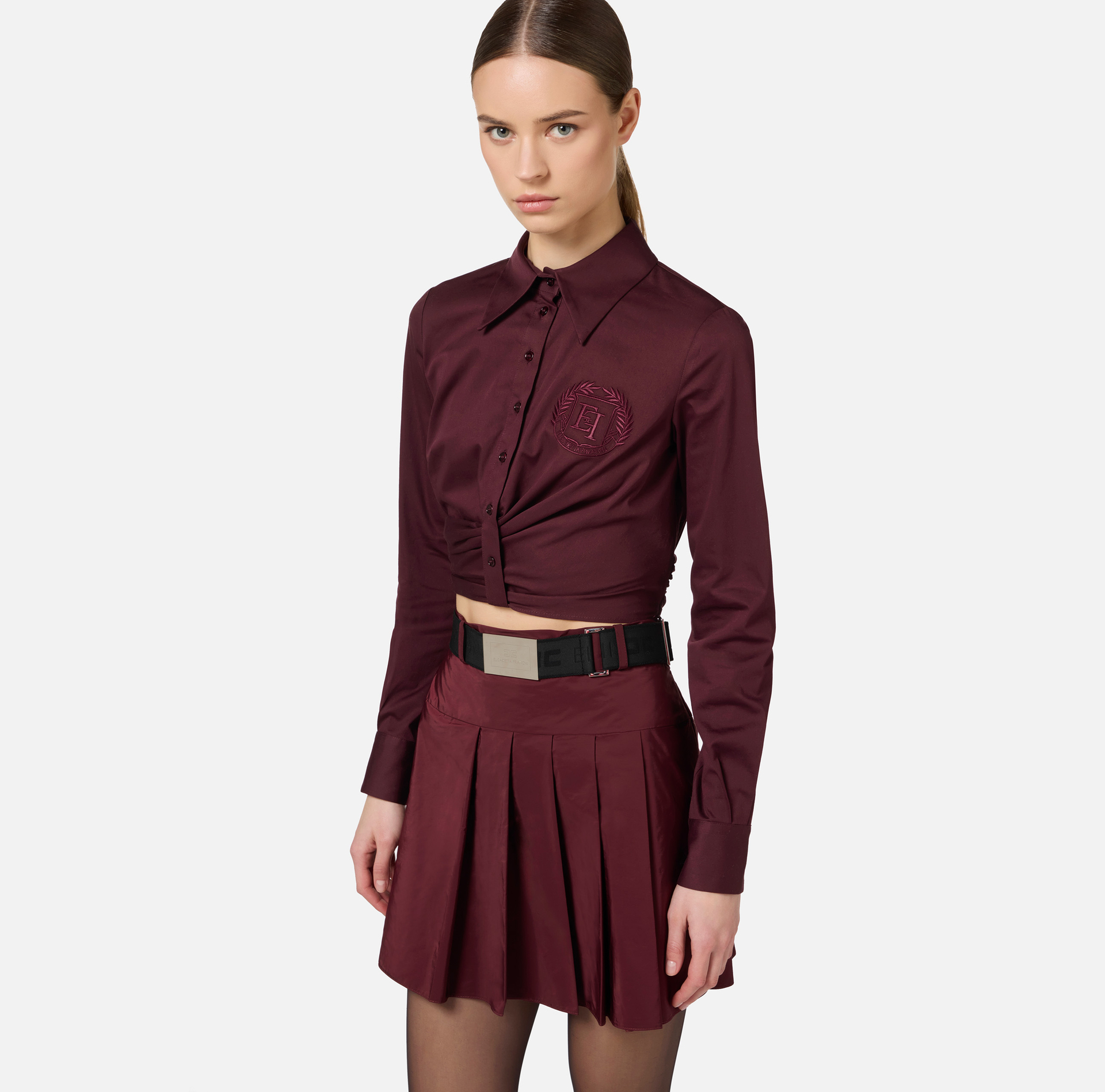 Chemise cropped en popeline stretch avec drapé | Elisabetta Franchi® Outlet