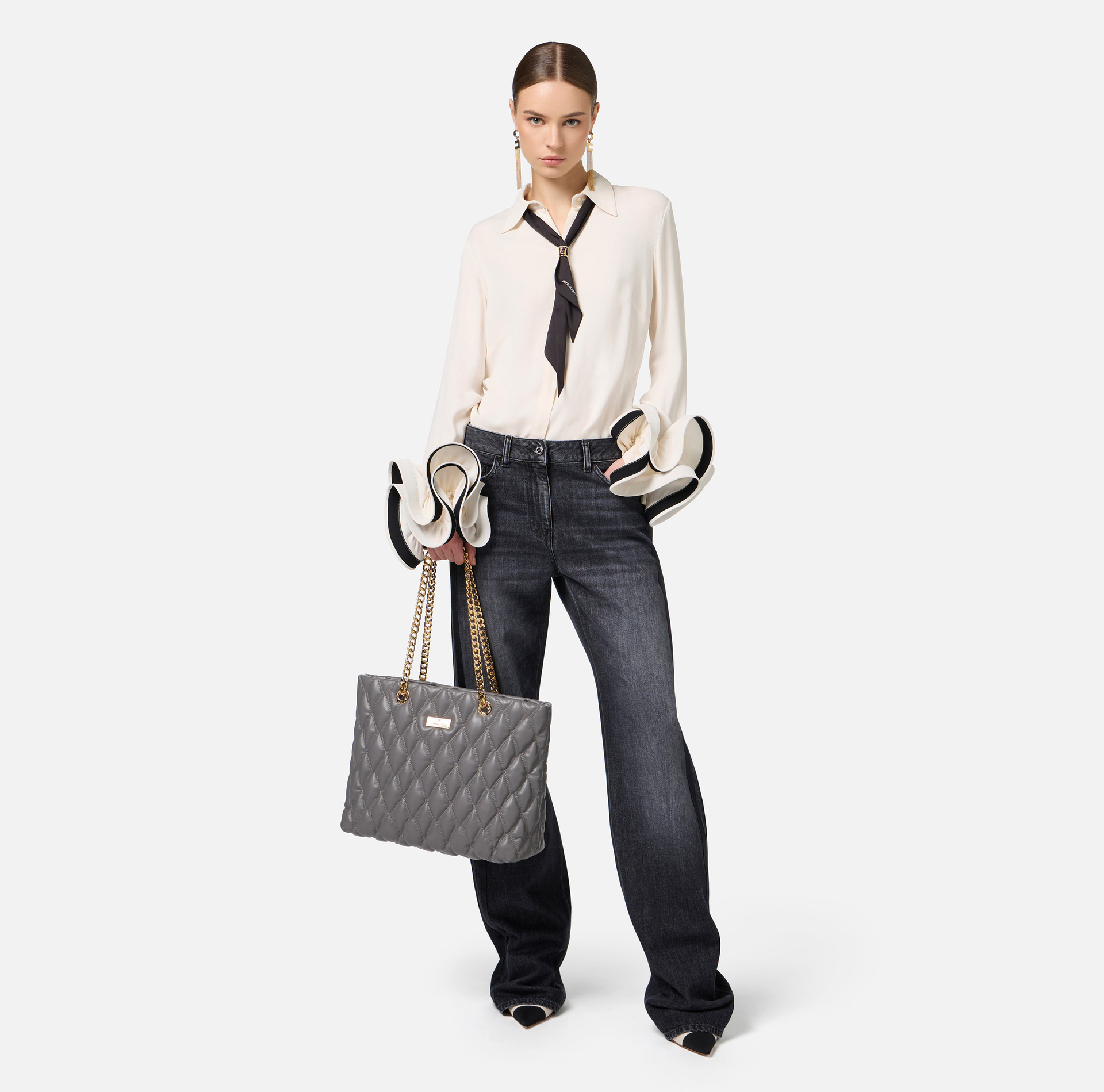Blouse in georgette fabric with ruffles and foulard scarf | Elisabetta Franchi® Outlet