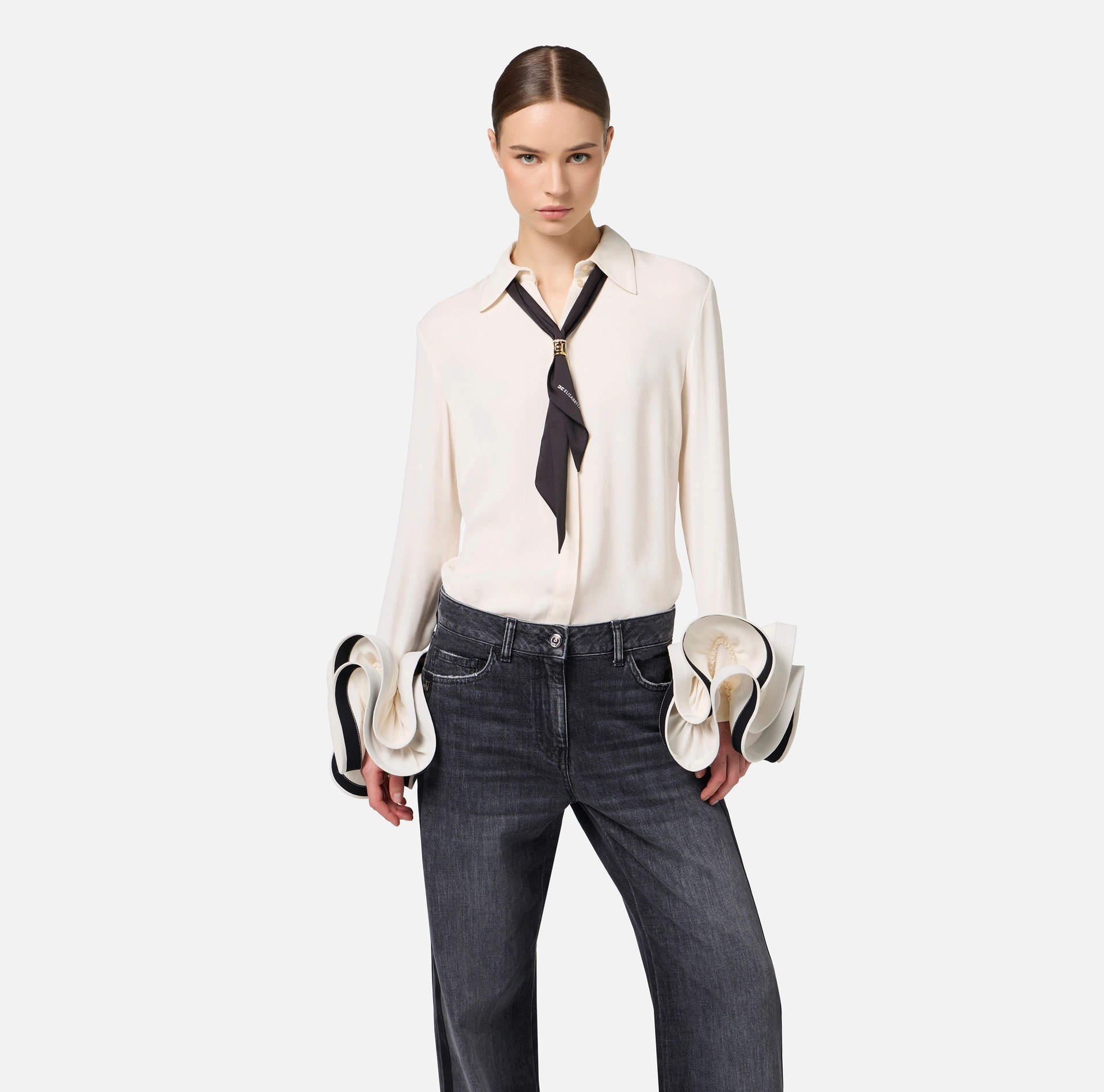 Blouse in georgette fabric with ruffles and foulard scarf | Elisabetta Franchi® Outlet