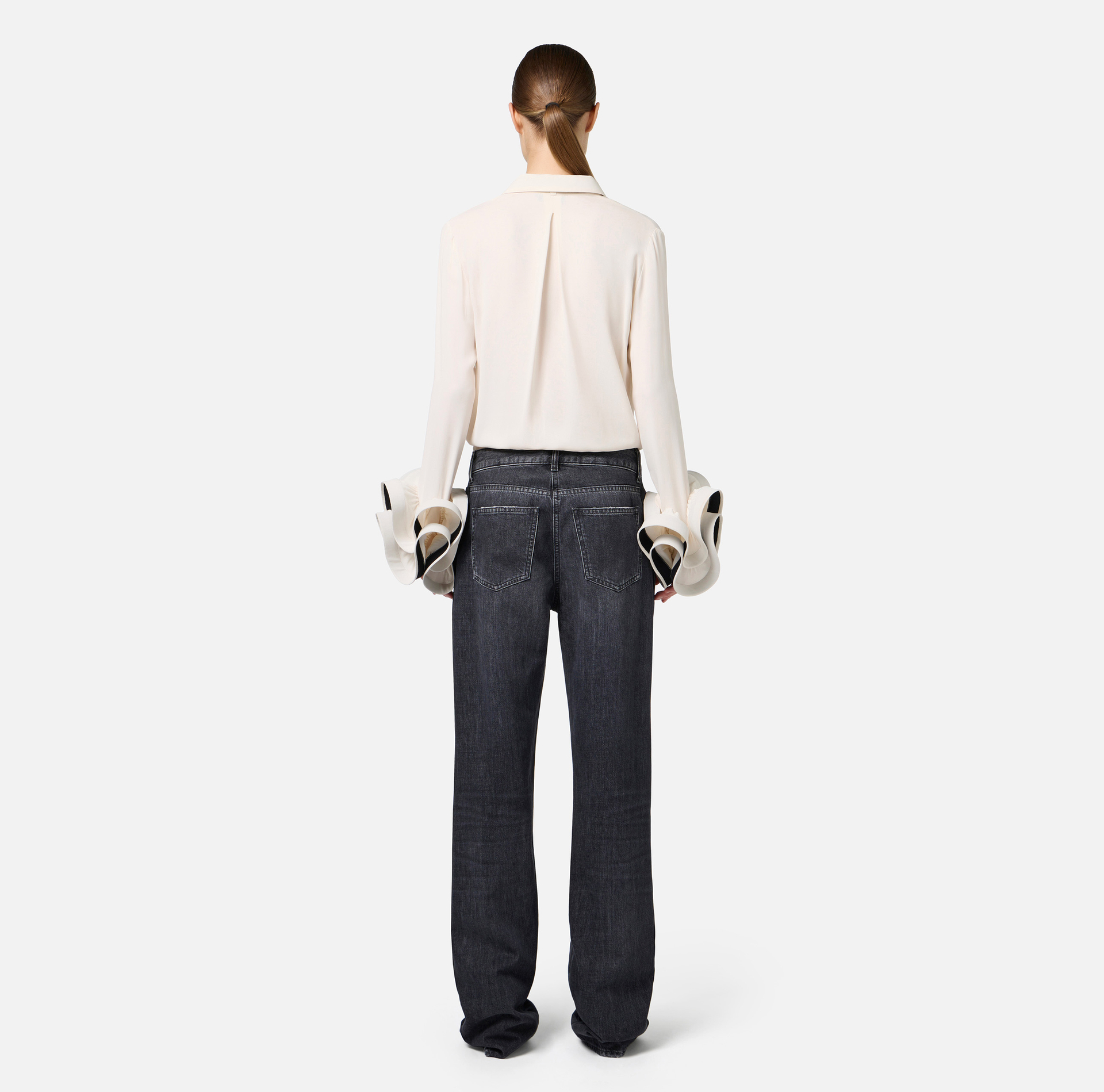 Blouse in georgette fabric with ruffles and foulard scarf | Elisabetta Franchi® Outlet