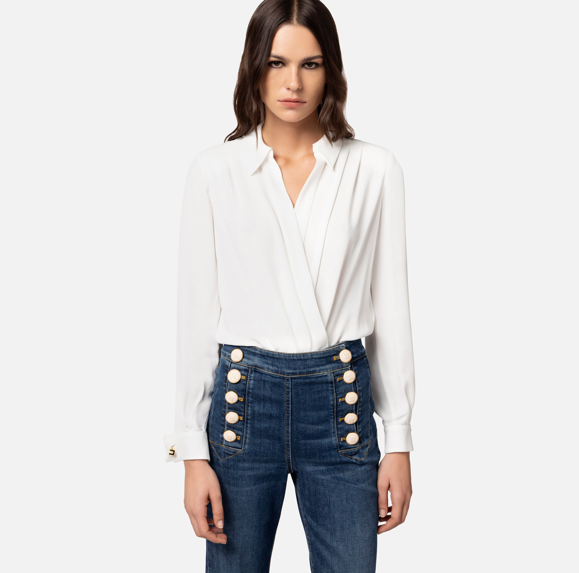 Crossover bodysuit-style blouse in viscose georgette fabric with cufflink - Elisabetta Franchi® Outlet