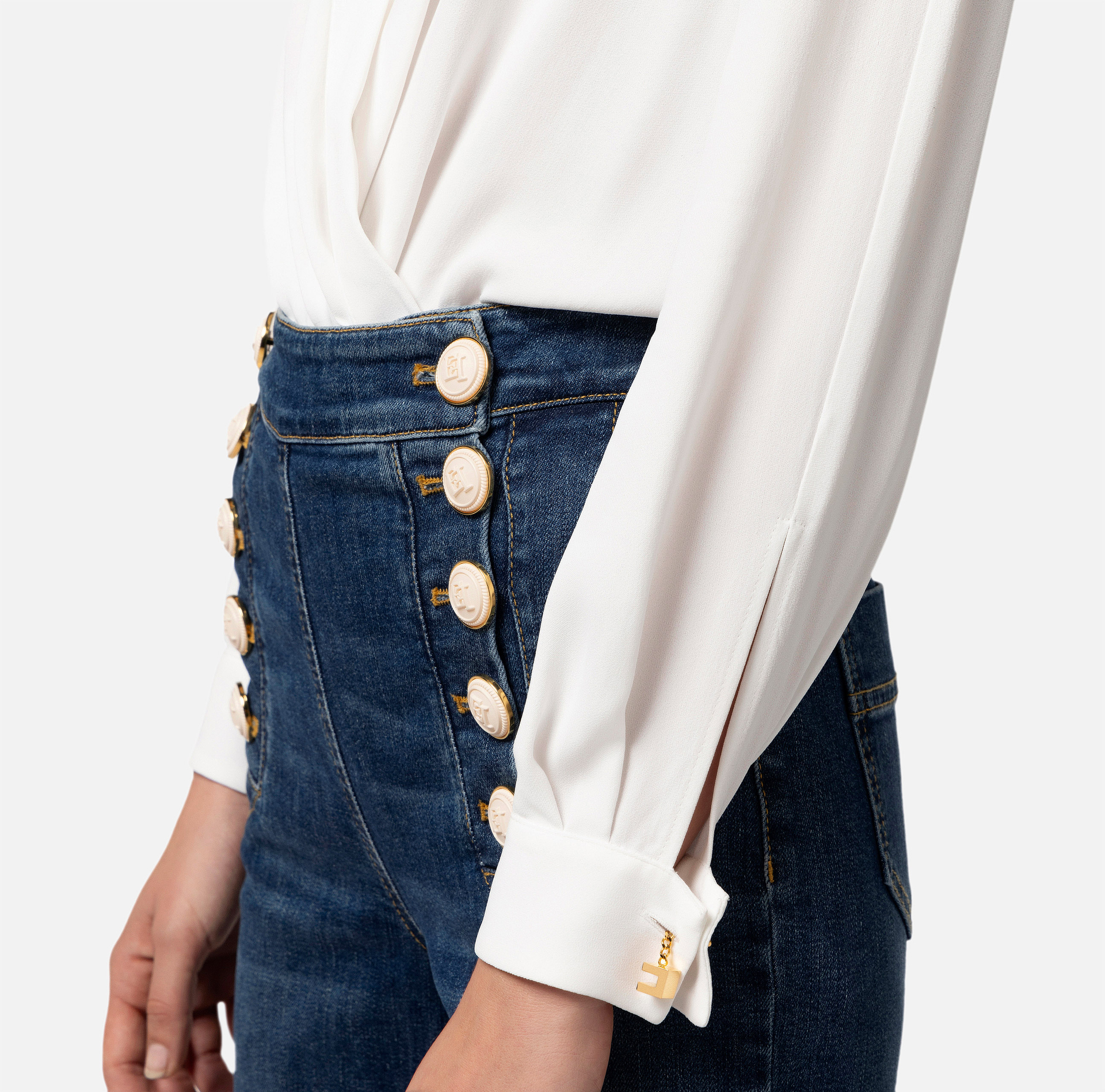 Crossover bodysuit-style blouse in viscose georgette fabric with cufflink - Elisabetta Franchi® Outlet