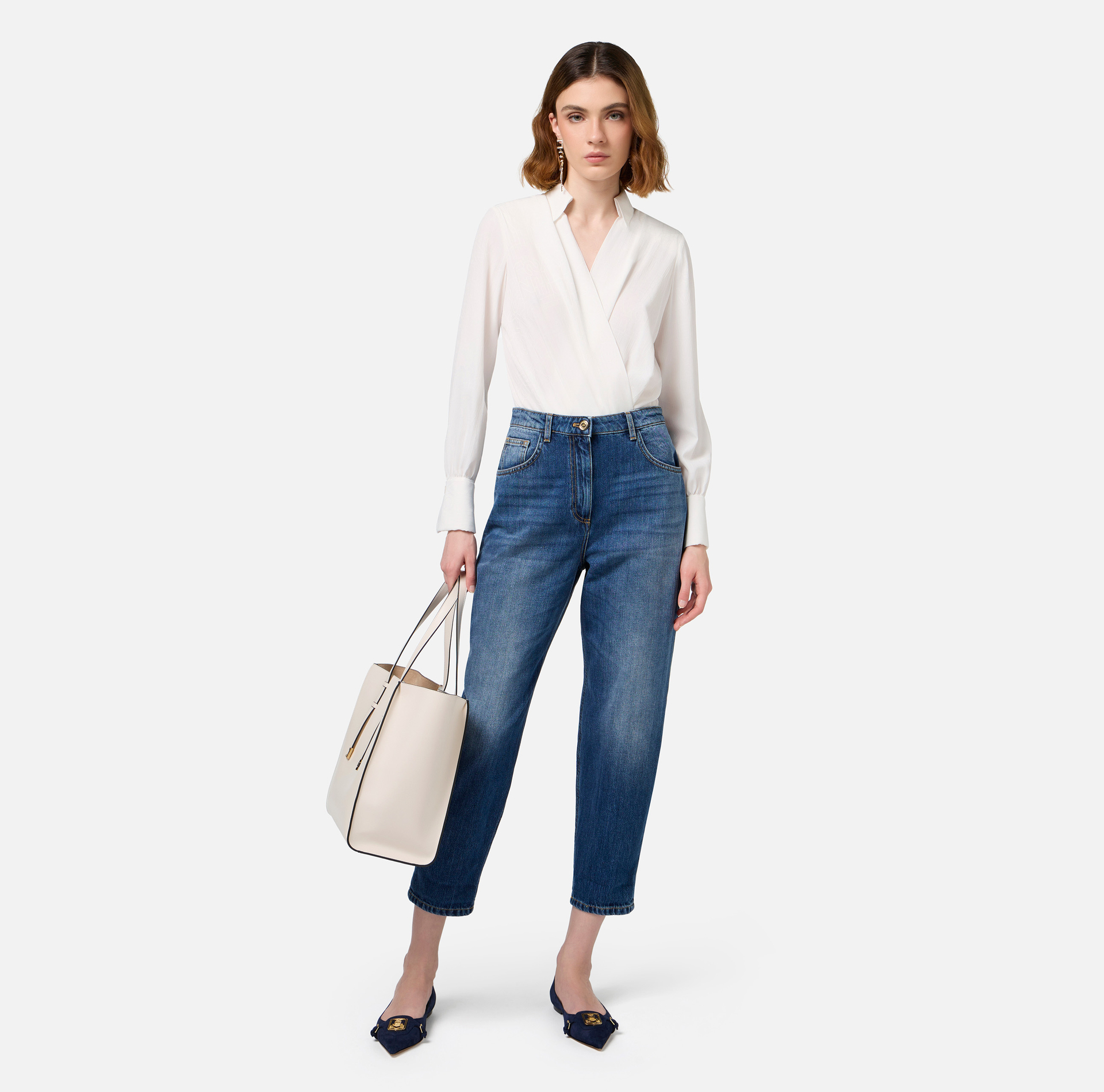 Bodysuit-style blouse in jacquard georgette fabric with lettering | Elisabetta Franchi® Outlet