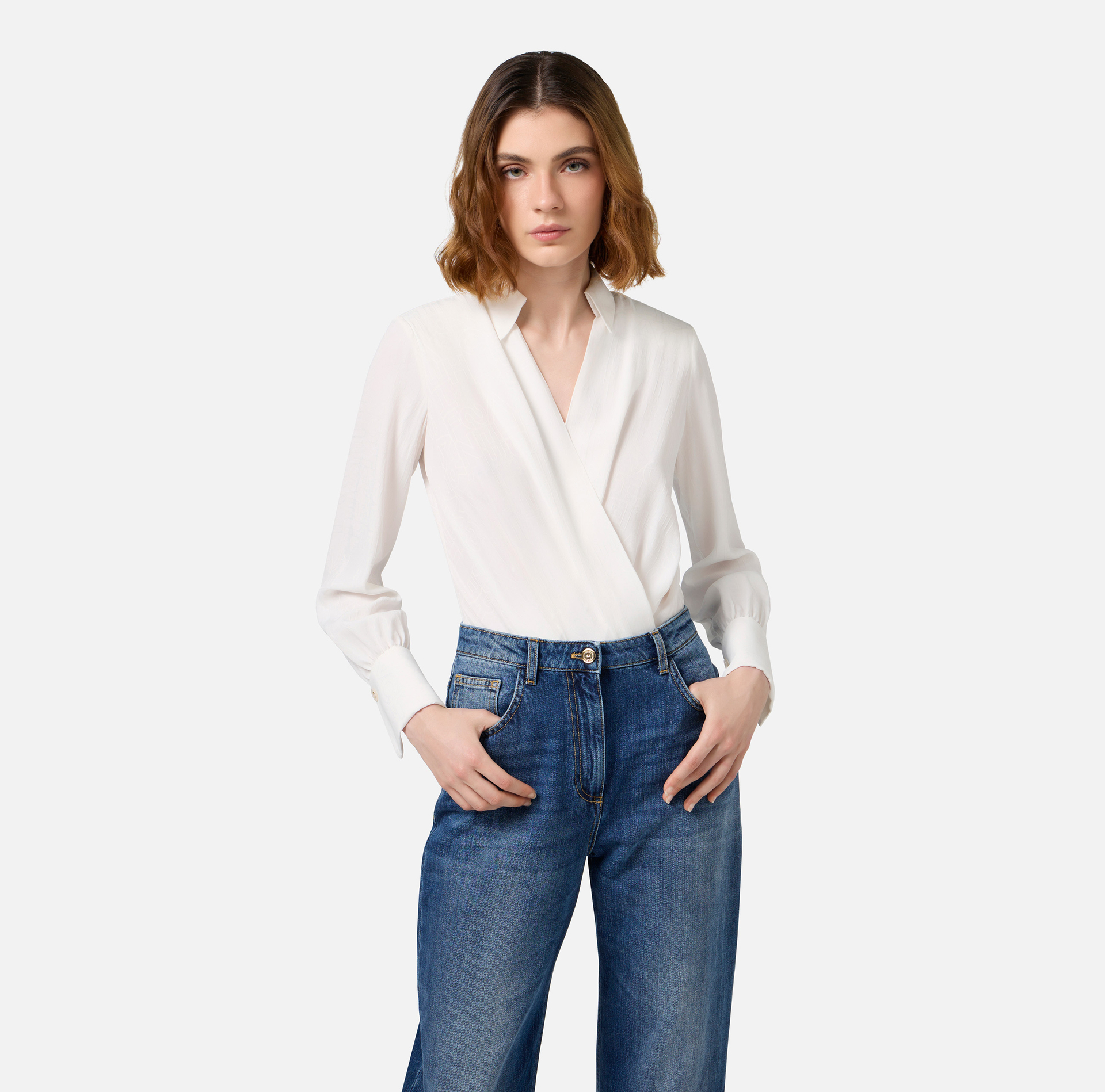 Camisa body de georgette jacquard con letras | Elisabetta Franchi® Outlet