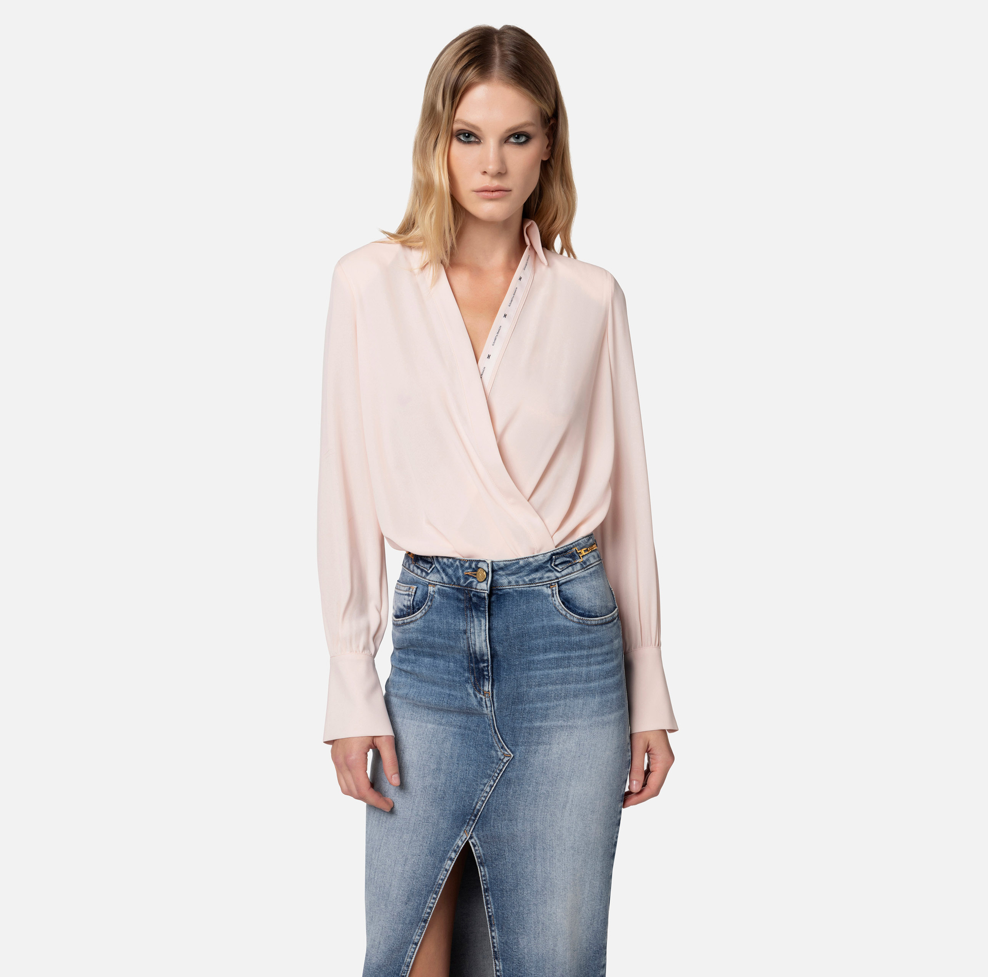 Camicia body in georgette incrociata con nastro logato | Elisabetta Franchi® Outlet