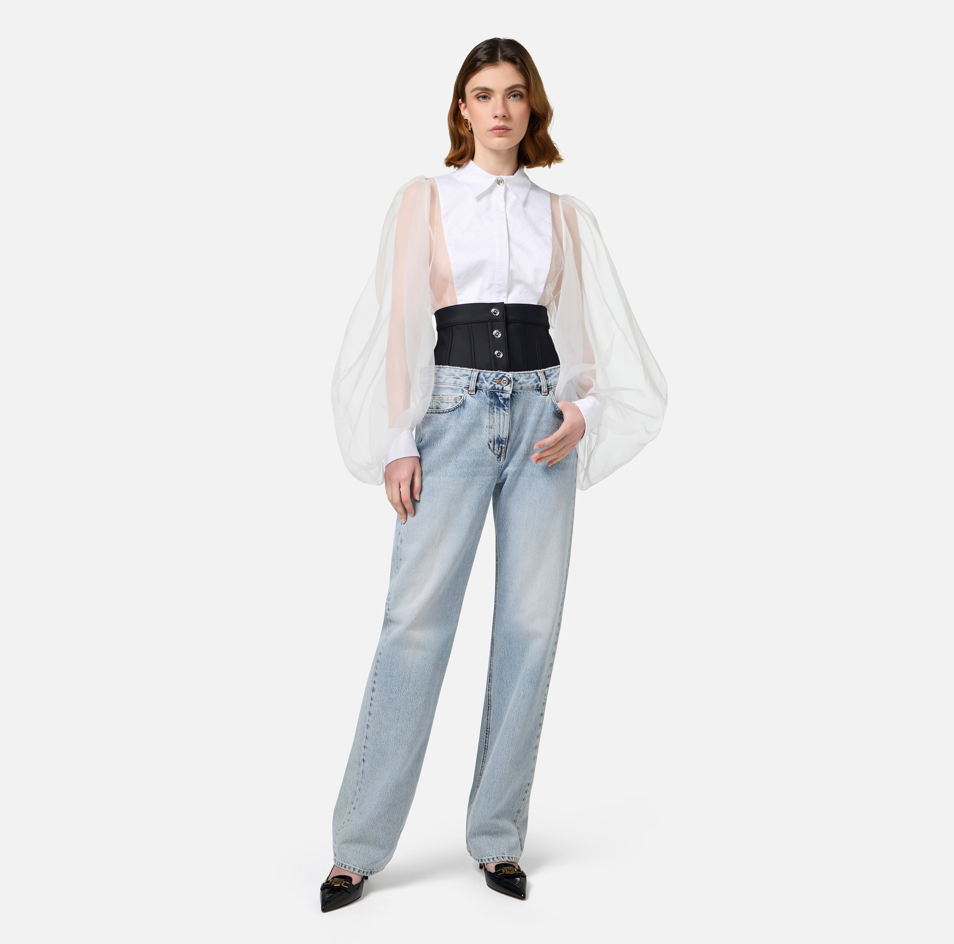 Bodysuit-style blouse in organza fabric with bib | Elisabetta Franchi® Outlet