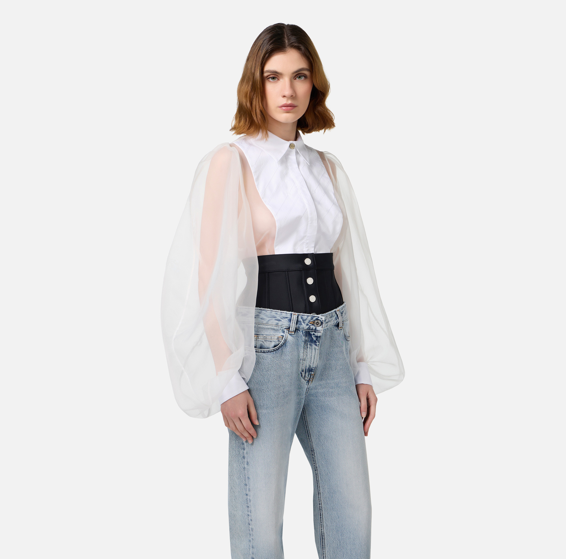 Chemise body en organdi avec plastron | Elisabetta Franchi® Outlet