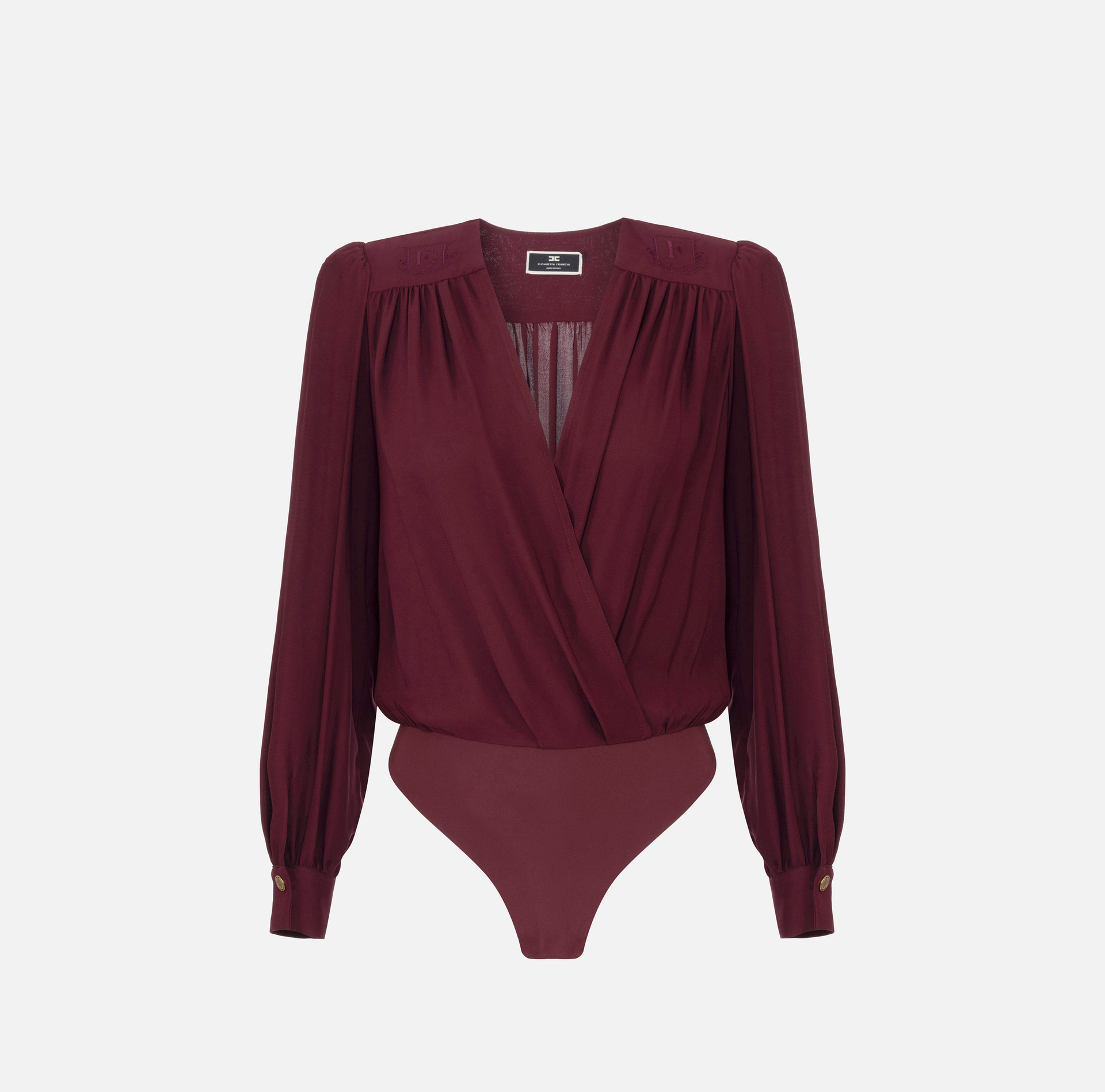 Bodysuit-style blouse in georgette fabric with embroidery on the shoulders | Elisabetta Franchi® Outlet