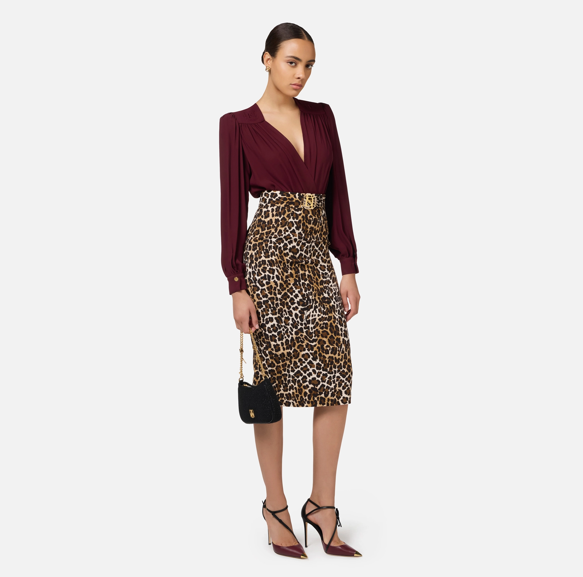 Bodysuit-style blouse in georgette fabric with embroidery on the shoulders | Elisabetta Franchi® Outlet