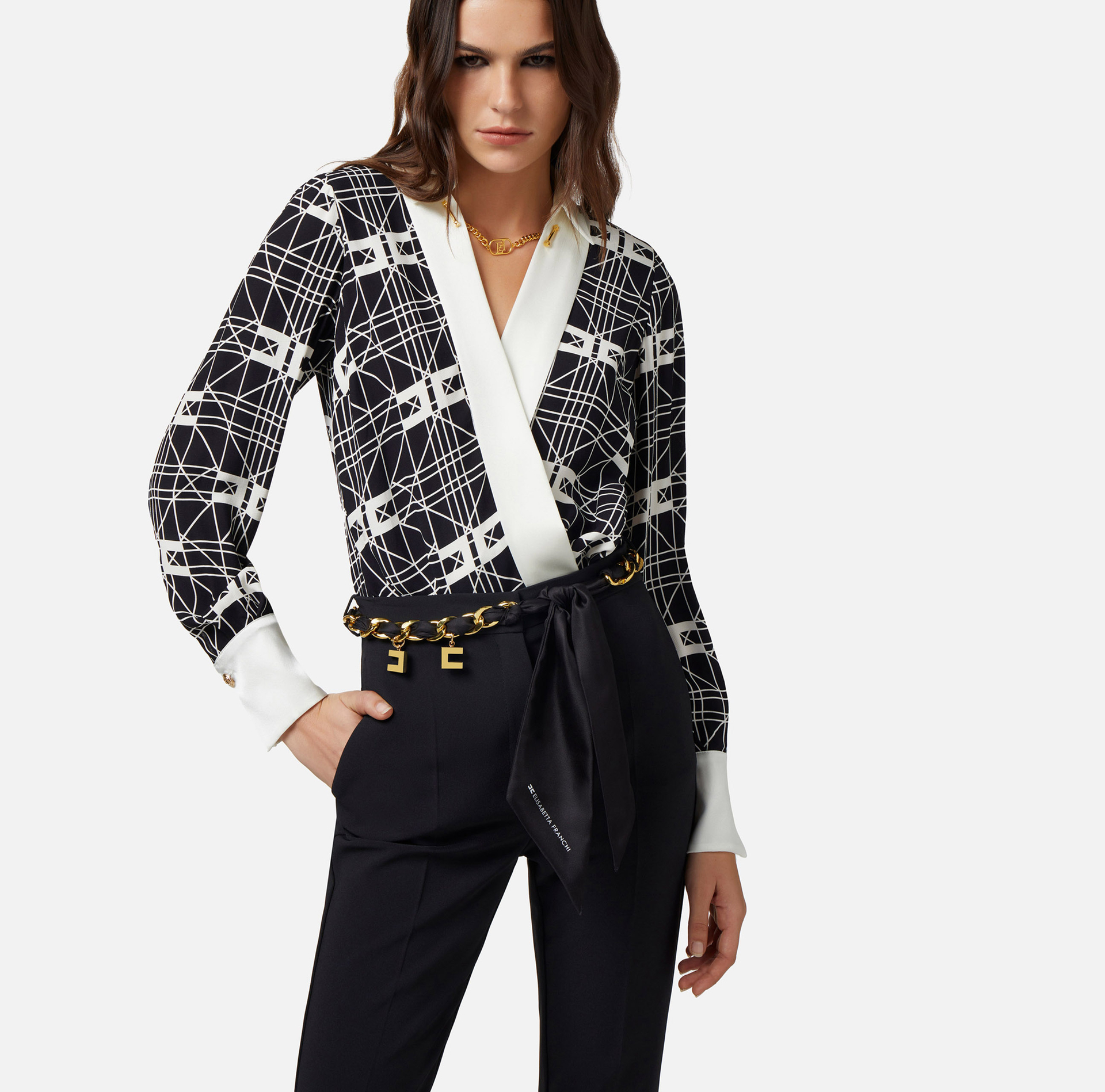 Crossover bodysuit-style blouse in printed viscose georgette fabric - Elisabetta Franchi® Outlet