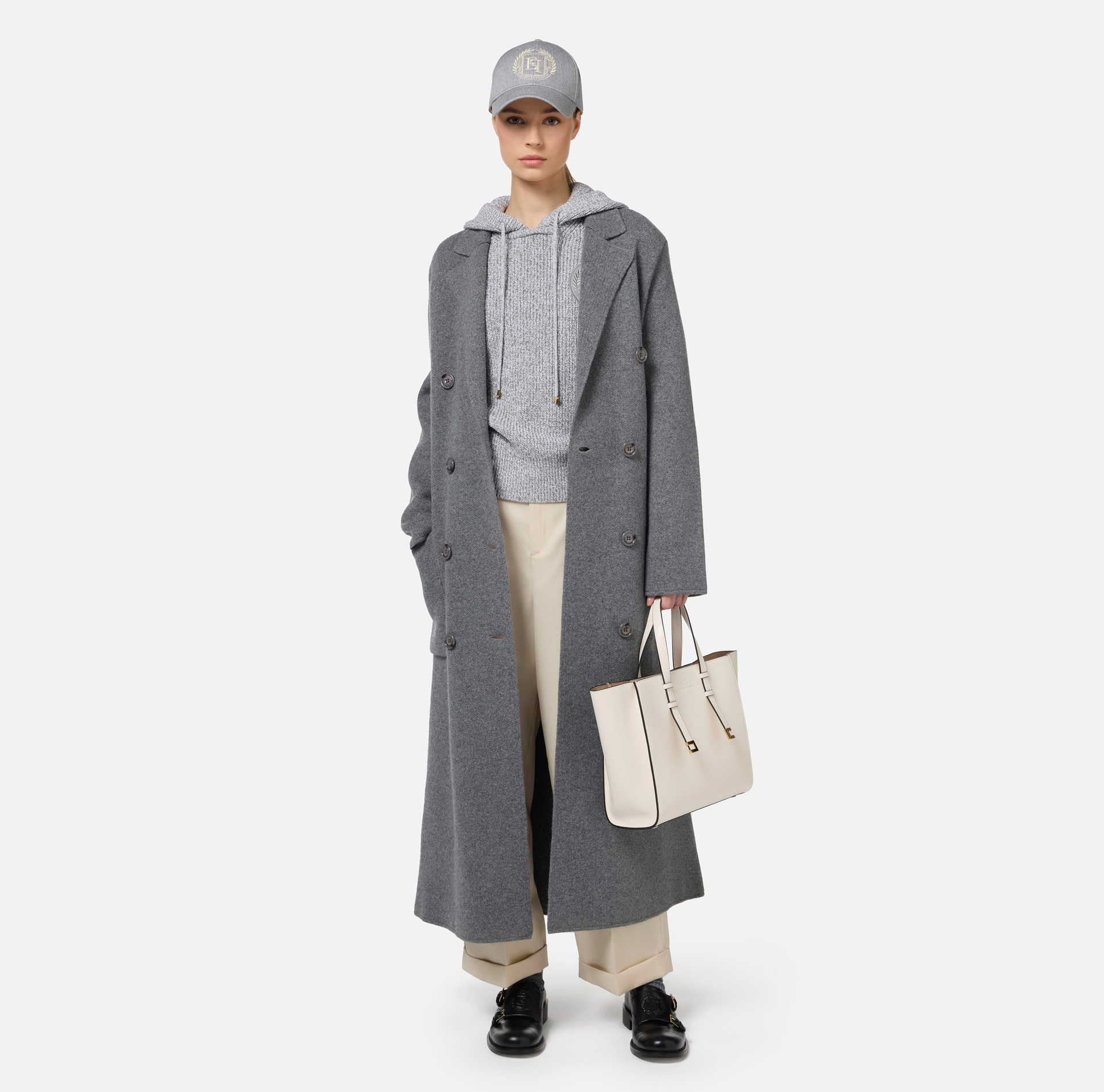 Knit wrap coat with emblem | Elisabetta Franchi® Outlet