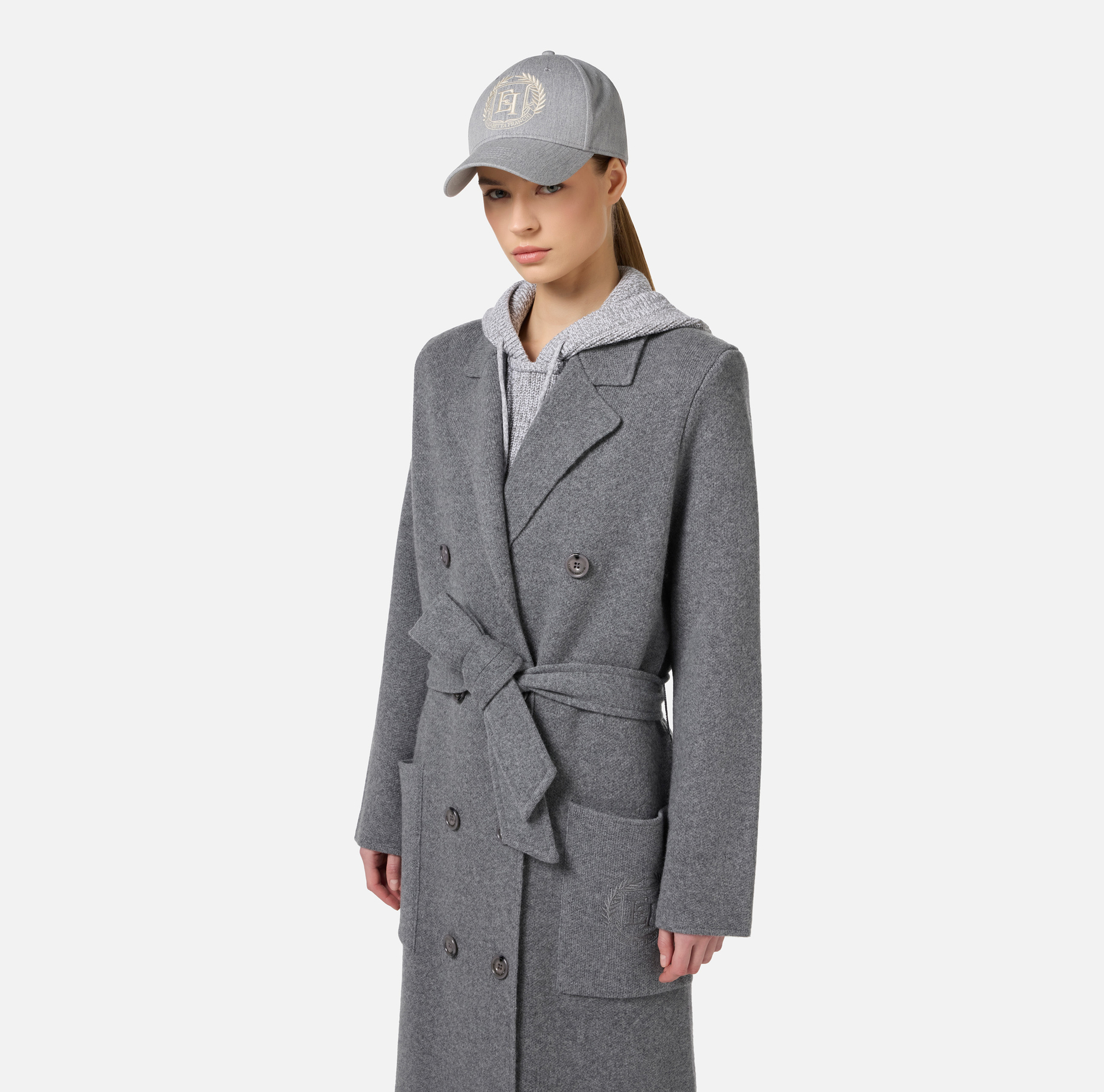 Knit wrap coat with emblem | Elisabetta Franchi® Outlet