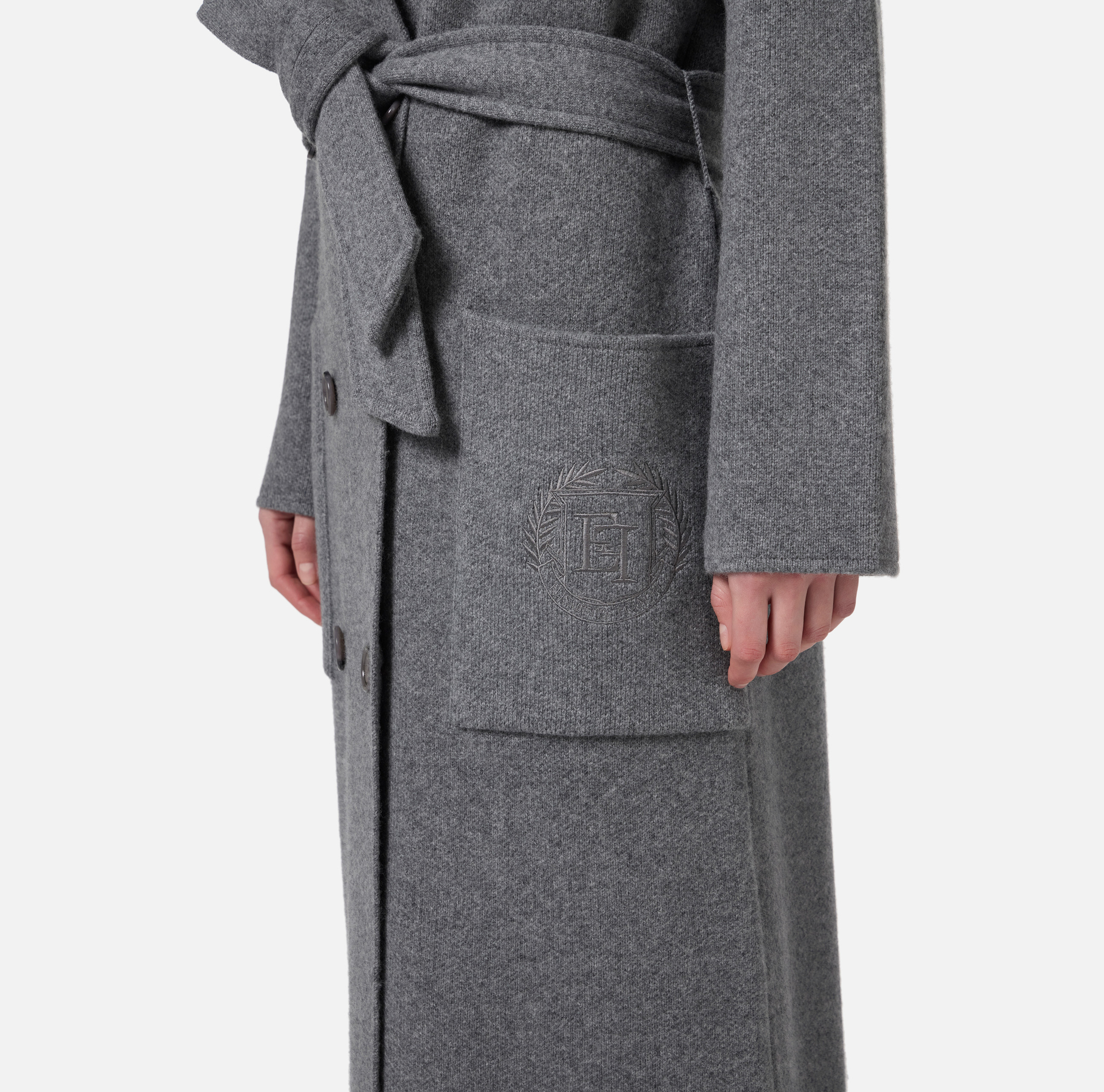 Knit wrap coat with emblem | Elisabetta Franchi® Outlet