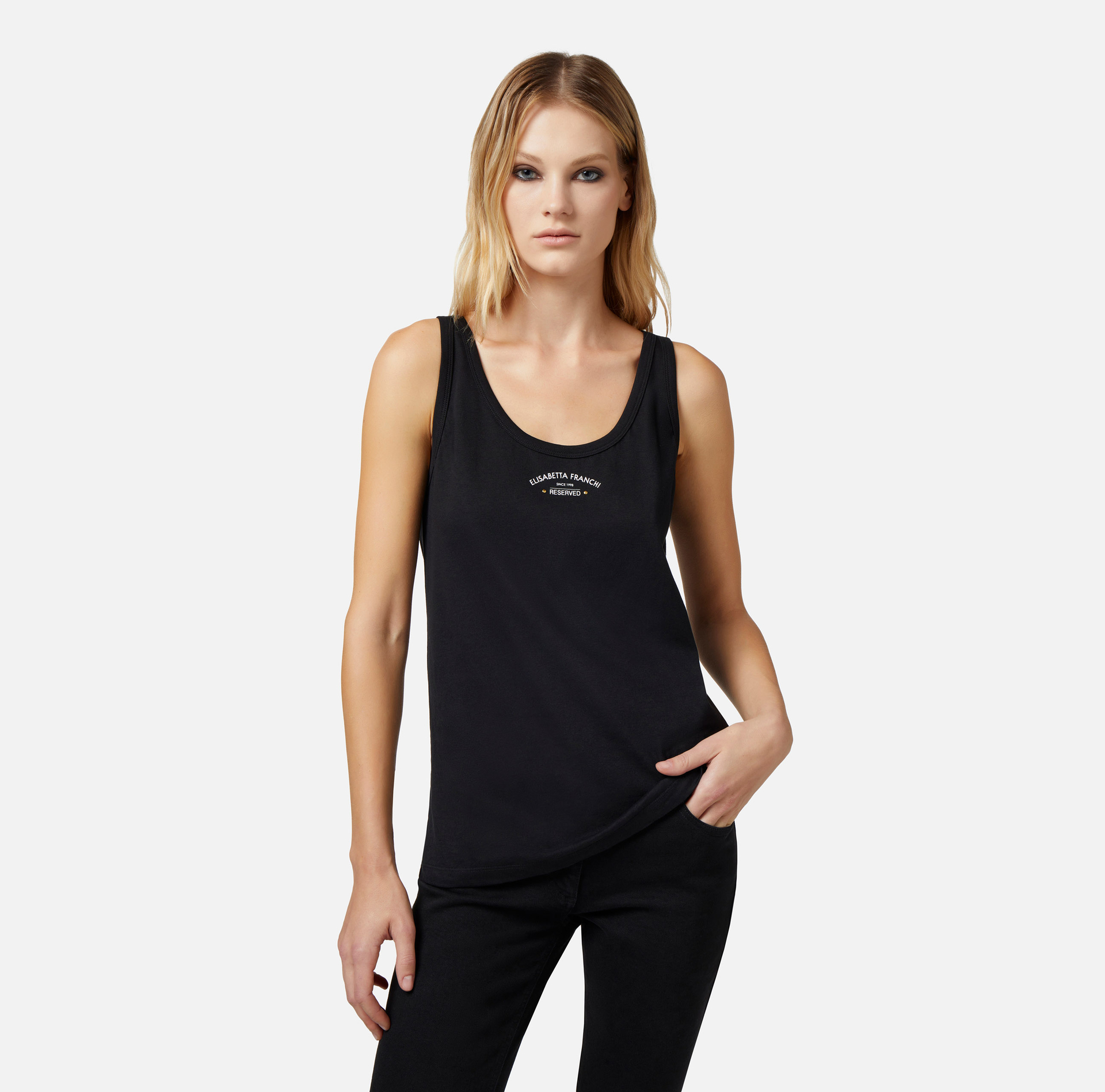 Cotton jersey top with logo print - Elisabetta Franchi® Outlet