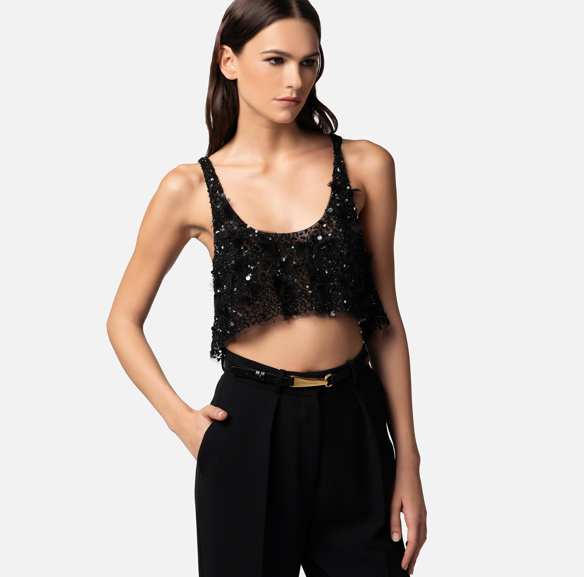 Top cropped en tulle brodé - Elisabetta Franchi® Outlet