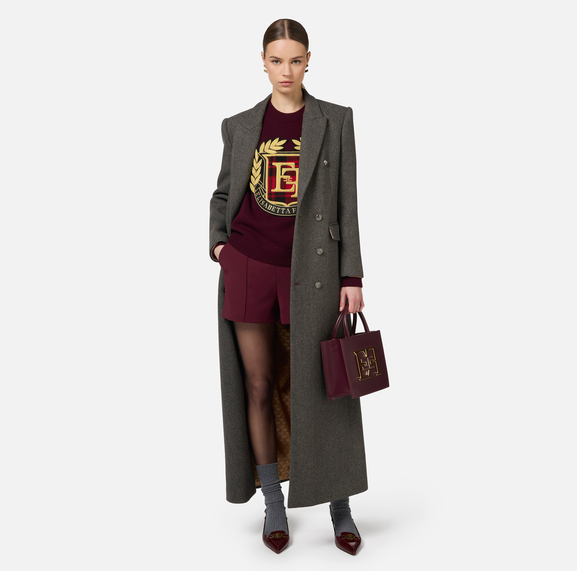 Wool blend double-breasted coat with utility belt | Elisabetta Franchi® Outlet