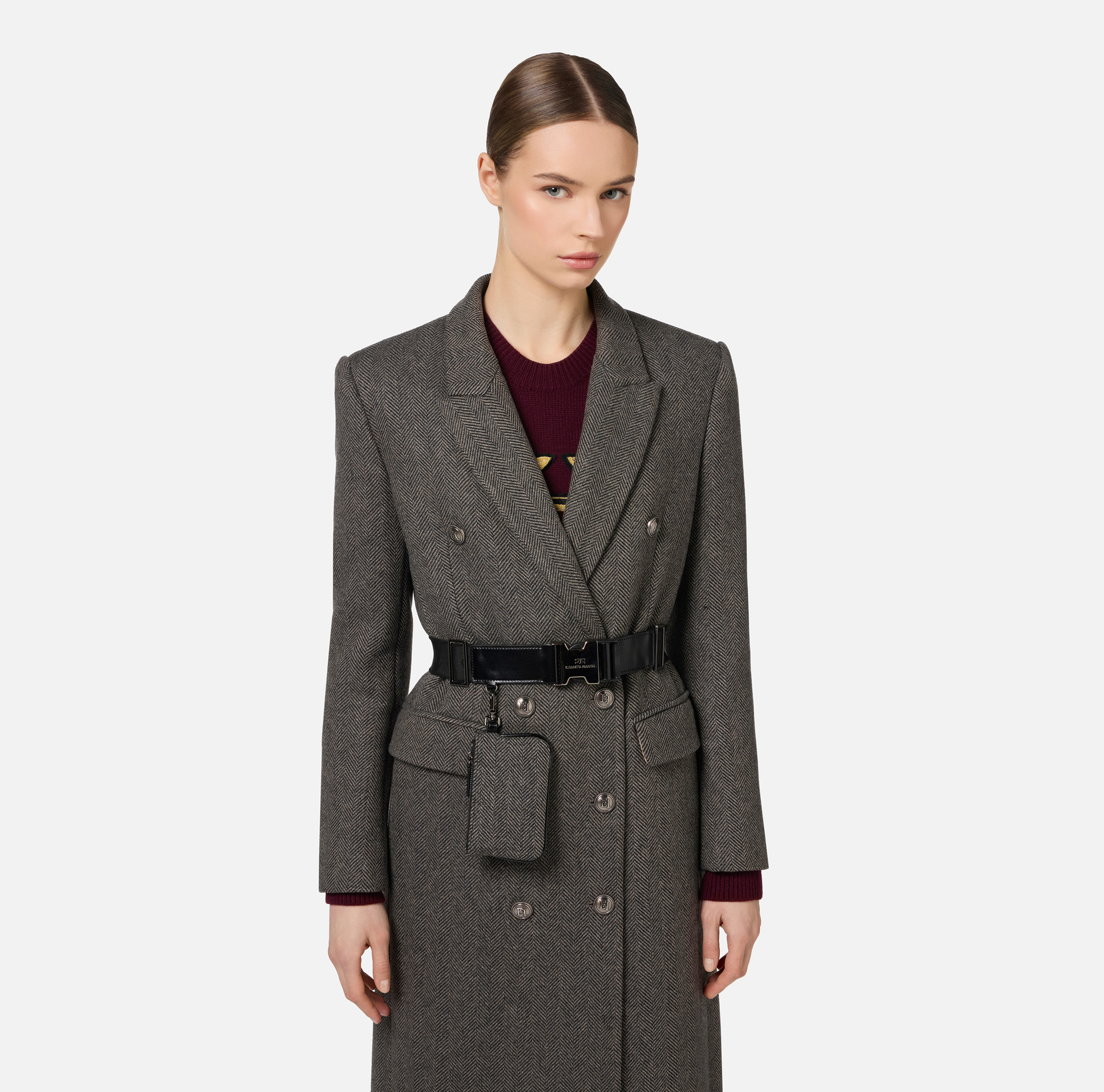 Wool blend double-breasted coat with utility belt | Elisabetta Franchi® Outlet