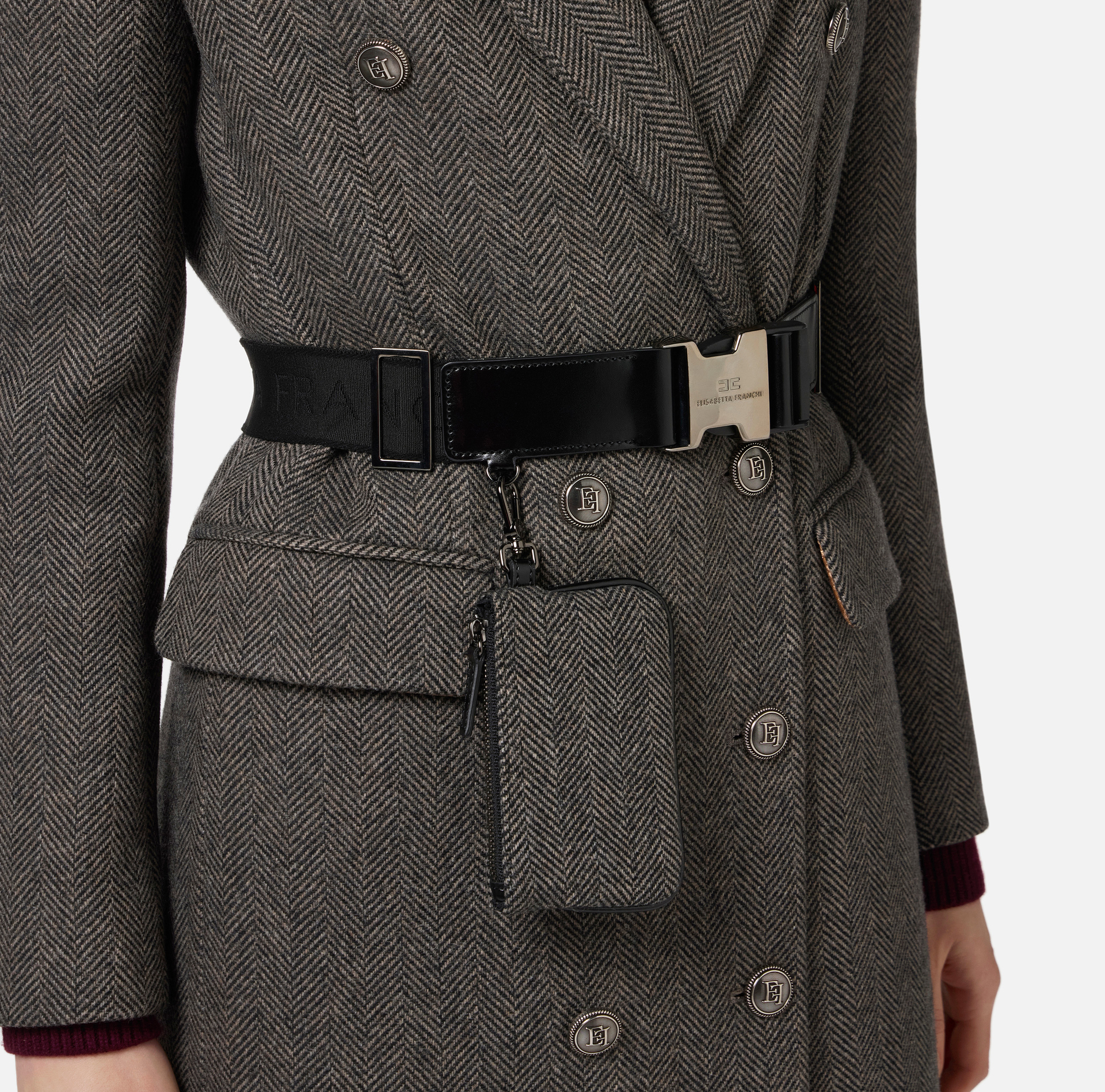 Wool blend double-breasted coat with utility belt | Elisabetta Franchi® Outlet