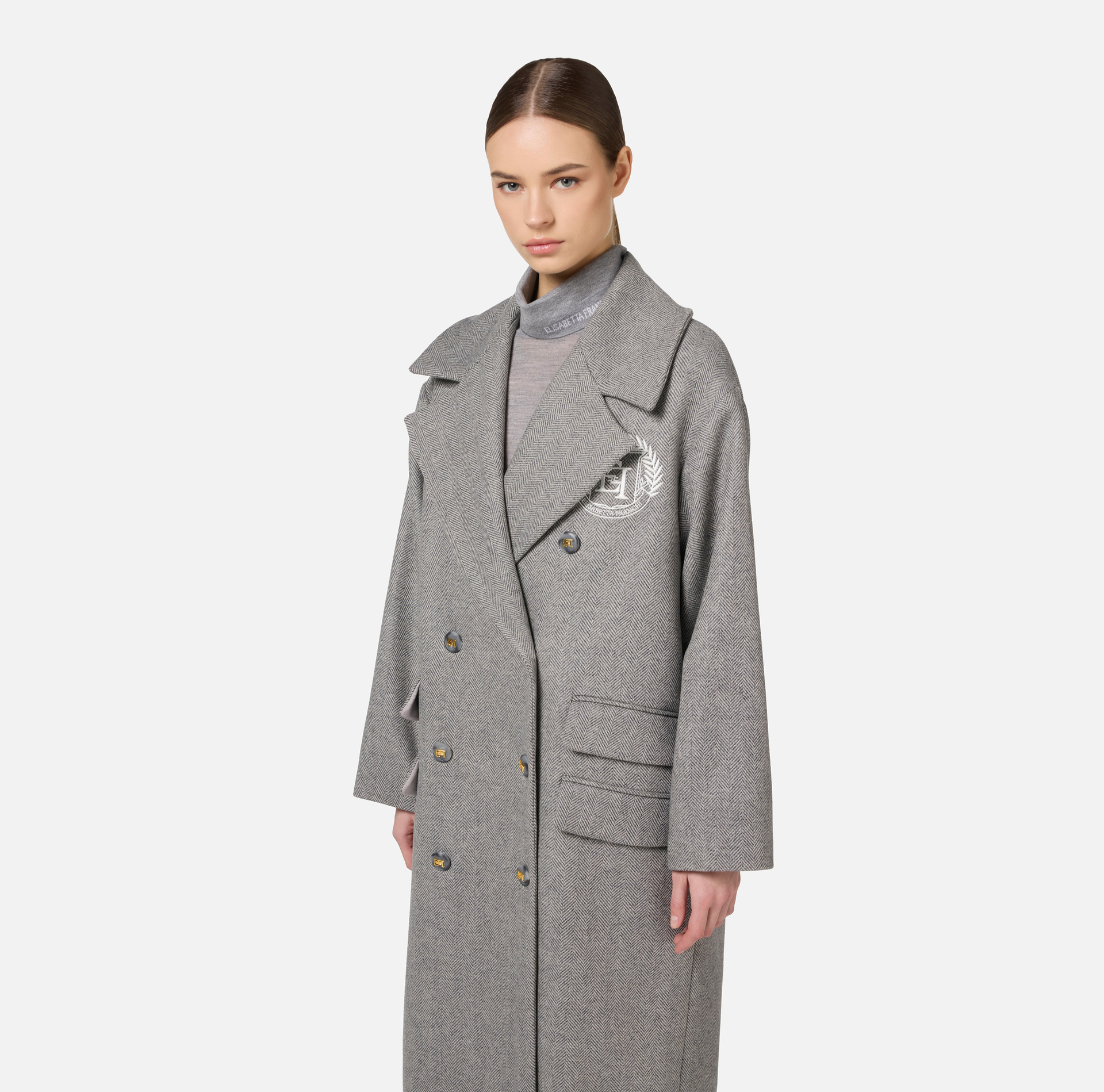 Manteau over à double boutonnage en mélange de laine avec emblème - Elisabetta Franchi® Outlet