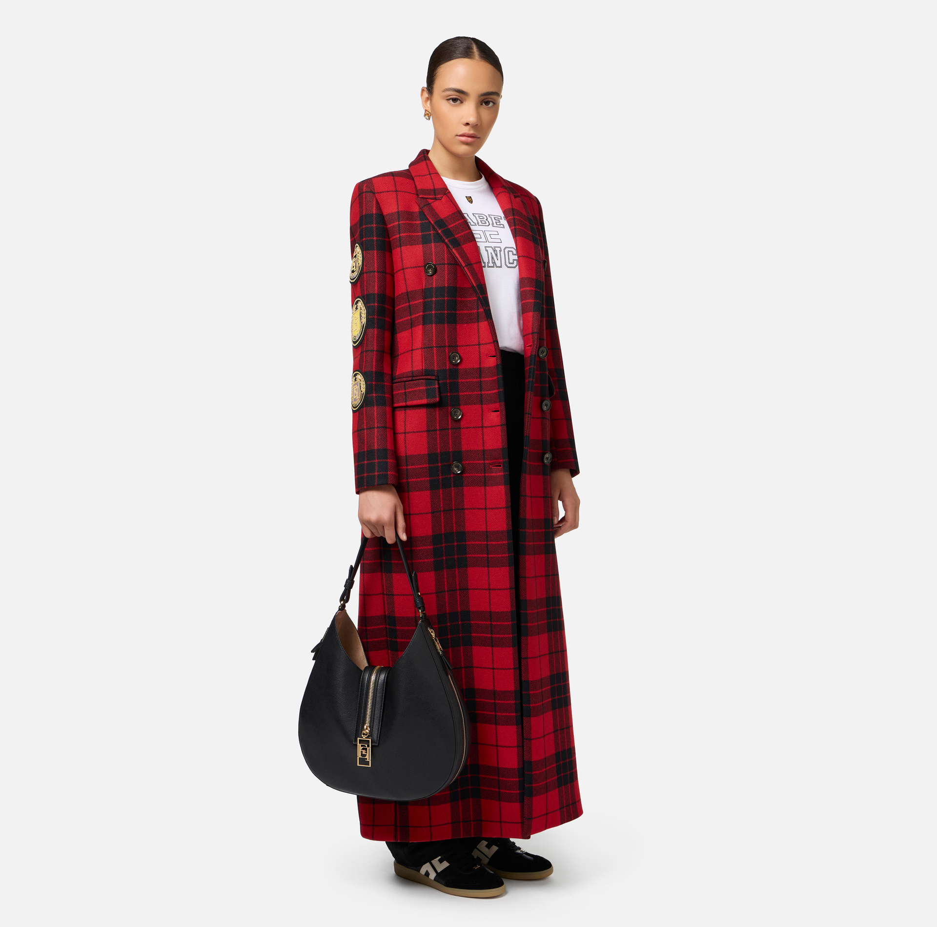 Wool blend double-breasted coat with patch | Elisabetta Franchi® Outlet